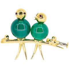 Mellerio Paris Chalcedony Ruby and Gold Lovebird Brooch