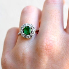 Mellerio Platinum Daisy Ring - 1ct Natural Emerald & Diamonds - Signed