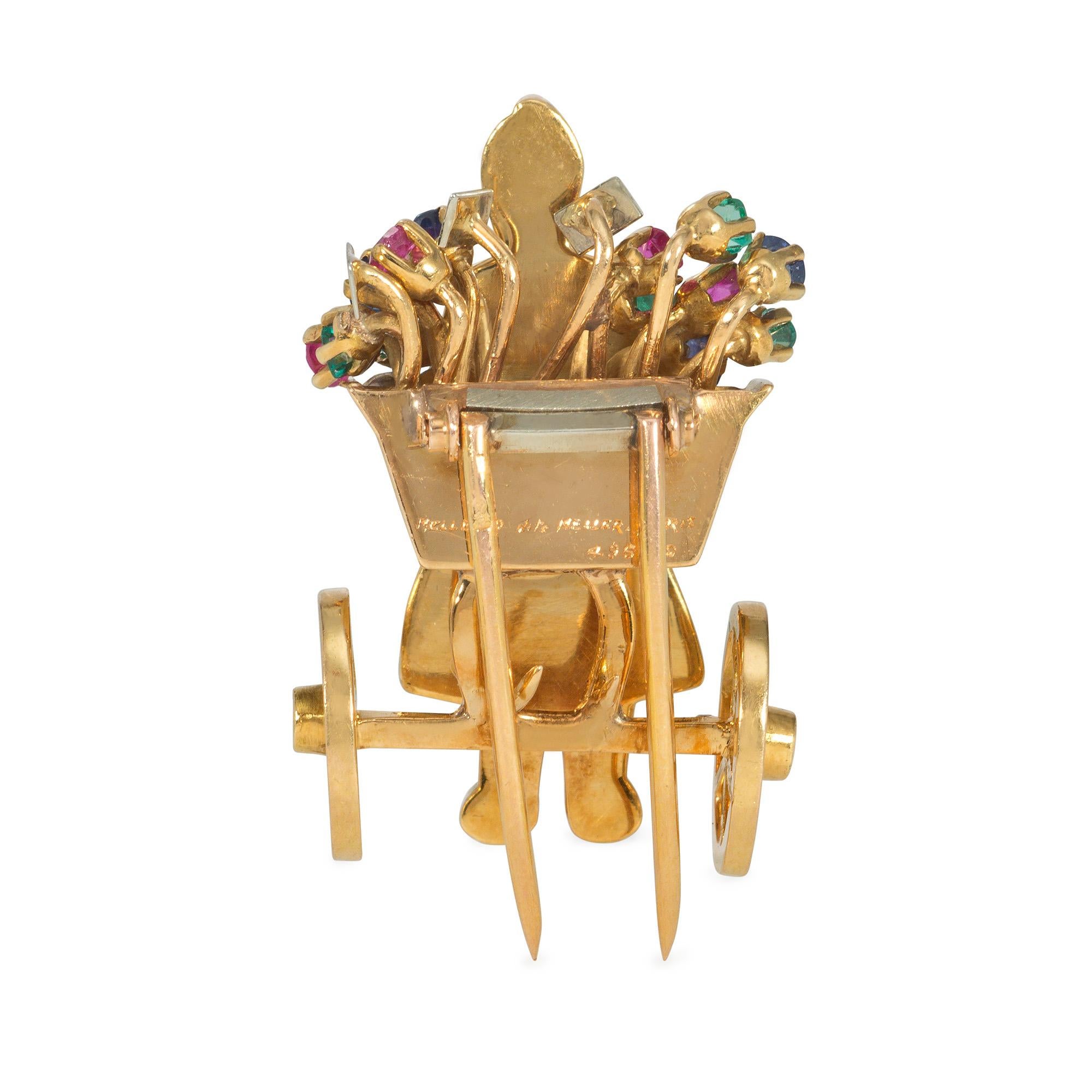Rétro Mellerio Broche rétro en or et multi-pierres représentant un chariot à fleurs en vente