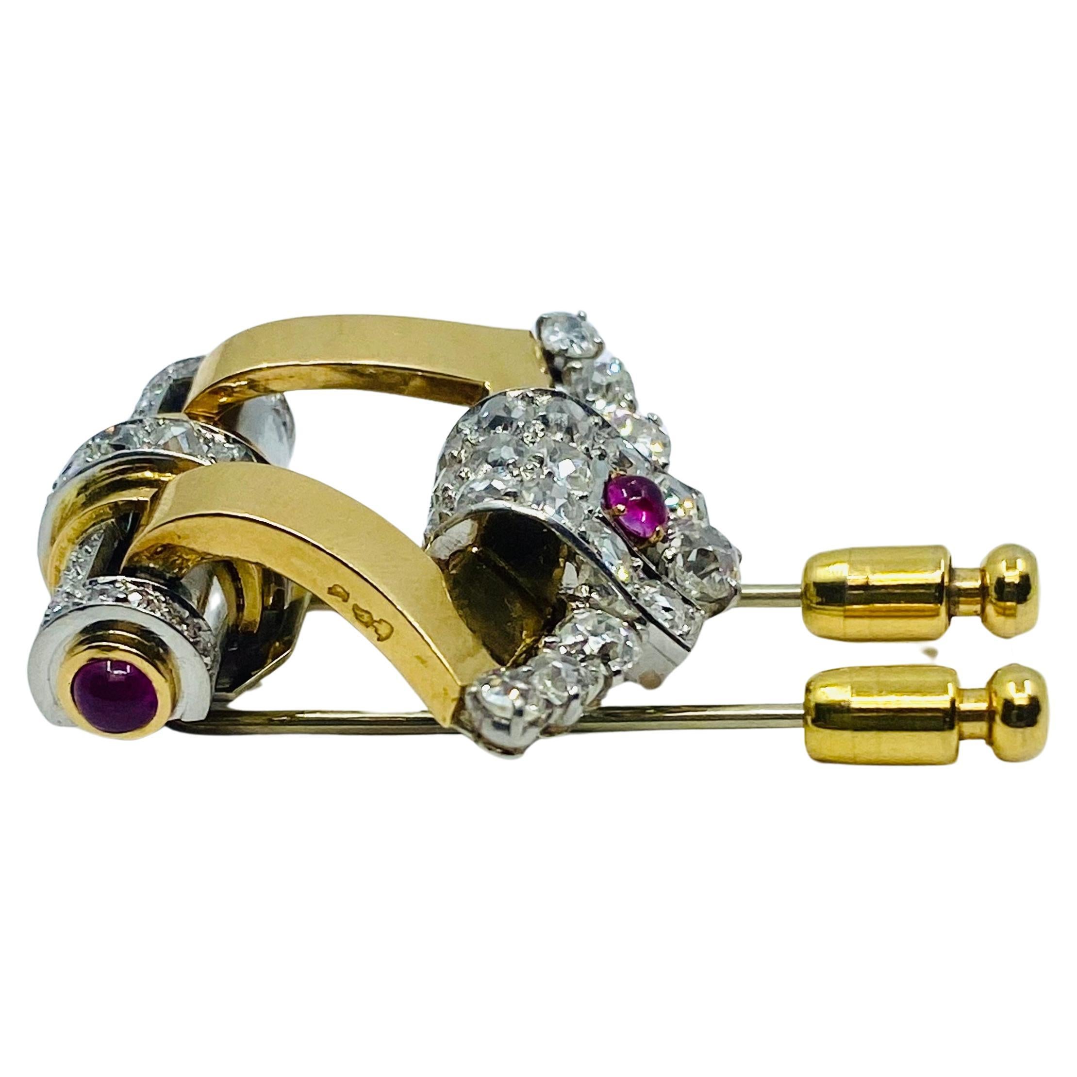 Mixed Cut Mellerio Retro Yellow and White 18k Gold Diamond Ruby Brooch For Sale