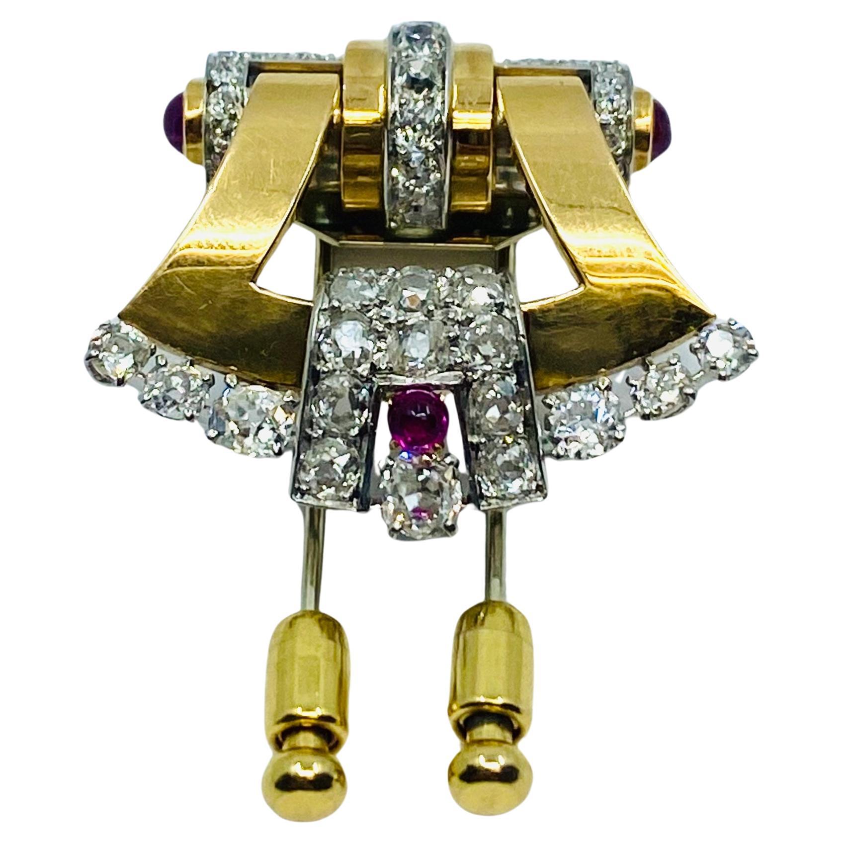 Women's or Men's Mellerio Retro Yellow and White 18k Gold Diamond Ruby Brooch For Sale