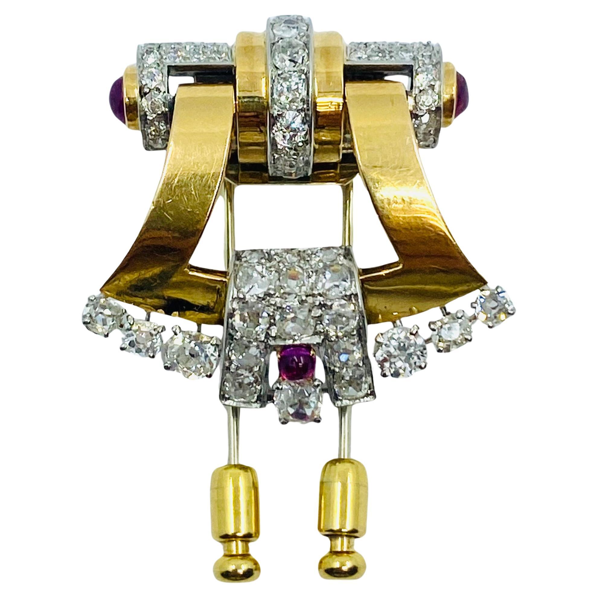 Mellerio Retro Yellow and White 18k Gold Diamond Ruby Brooch For Sale