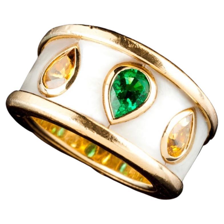 Mellerio Ring Emerald Yellow Sapphire and Mother of Pearl For Sale
