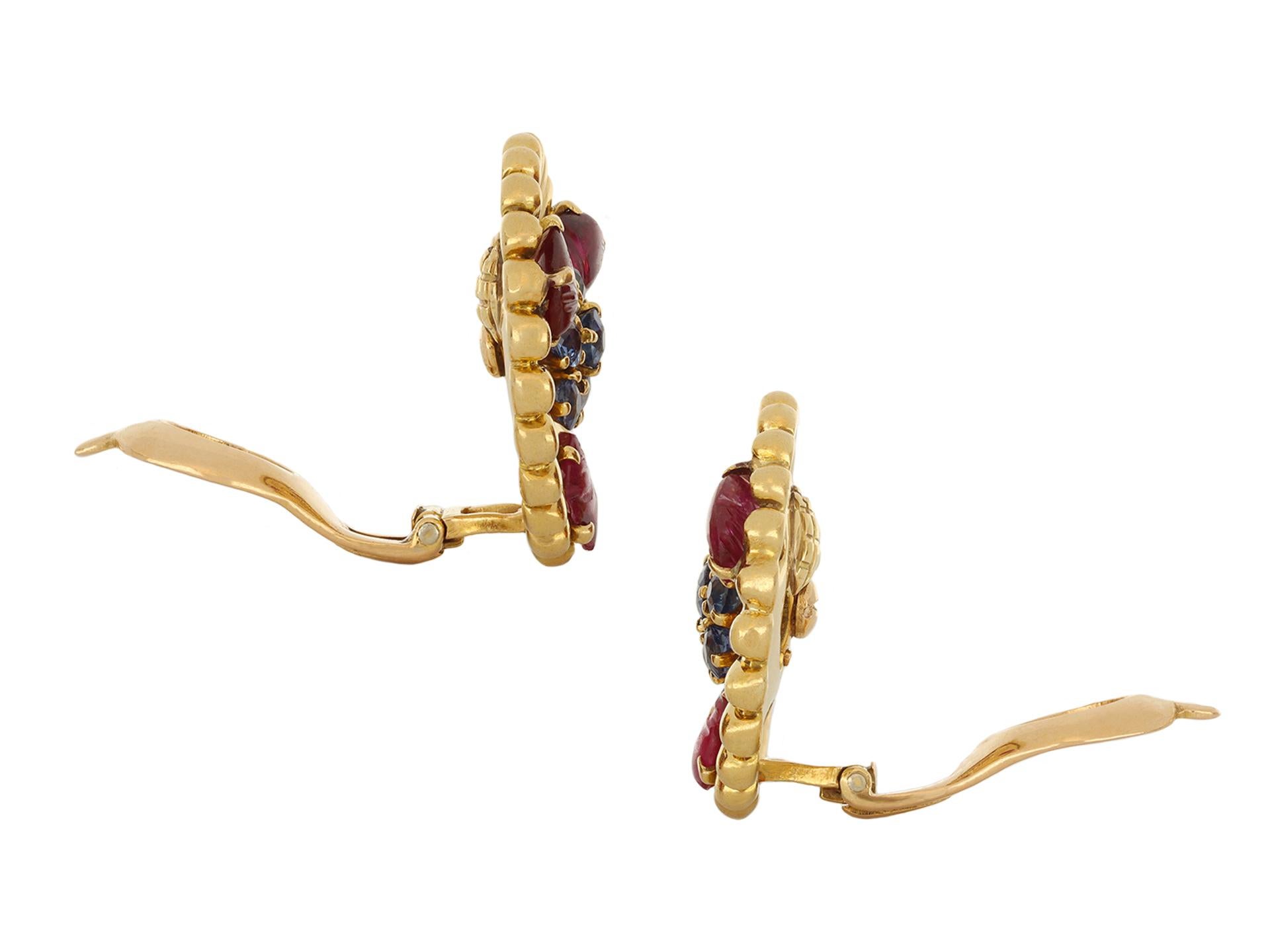 Old European Cut Mellerio sapphire and ruby clip earrings, French, circa 1940. For Sale