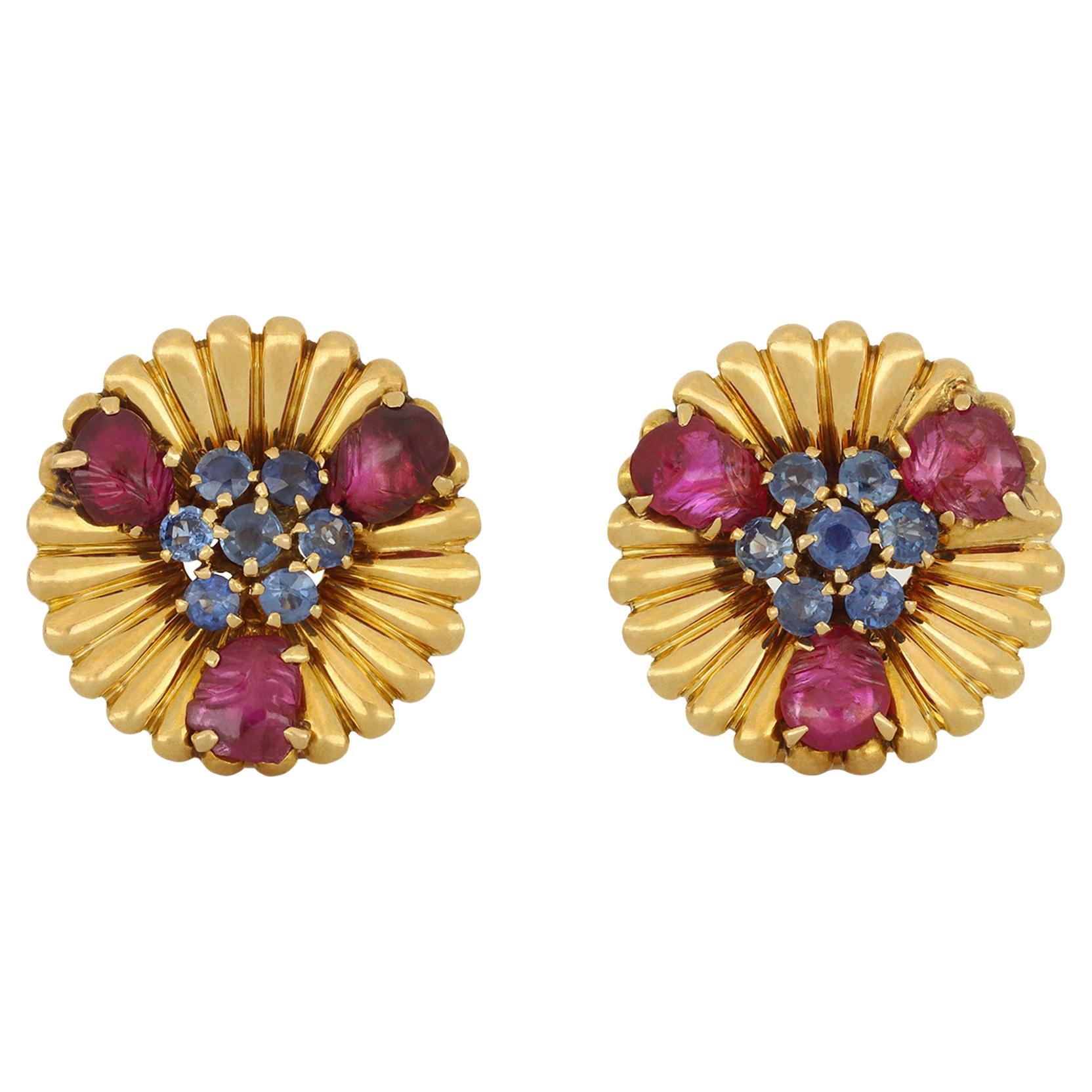 Mellerio sapphire and ruby clip earrings, French, circa 1940. For Sale