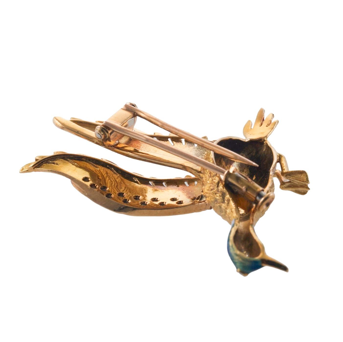 Round Cut Mellerio Sapphire Diamond Enamel Gold Flying Duck Brooch 
