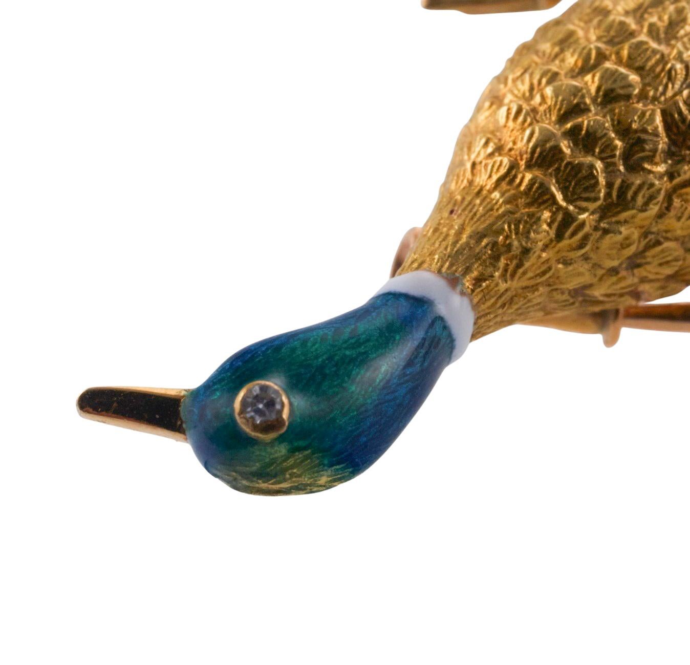 Mellerio Sapphire Diamond Enamel Gold Flying Duck Brooch  In Excellent Condition In New York, NY