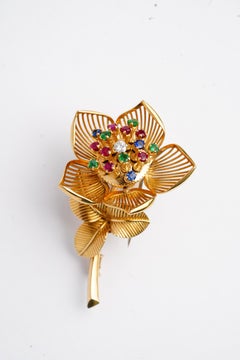 Mellerio Vintage Yellow Gold Diamond and Gem Movable Tremblan Flower Clip Brooch