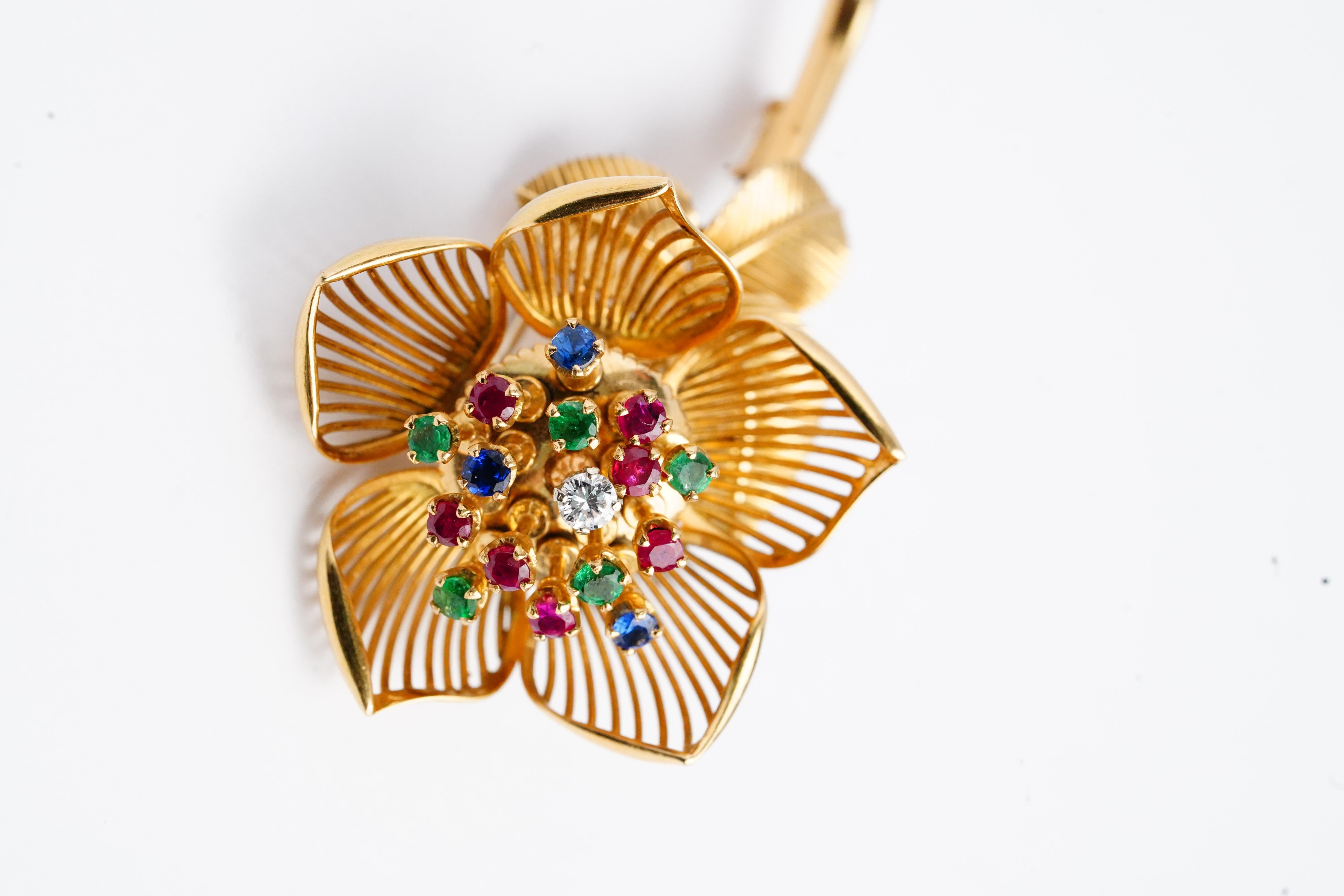 Taille brillant Mellerio Vintage or jaune Broche clip fleur Tremblan mobile avec diamants et pierres précieuses en vente