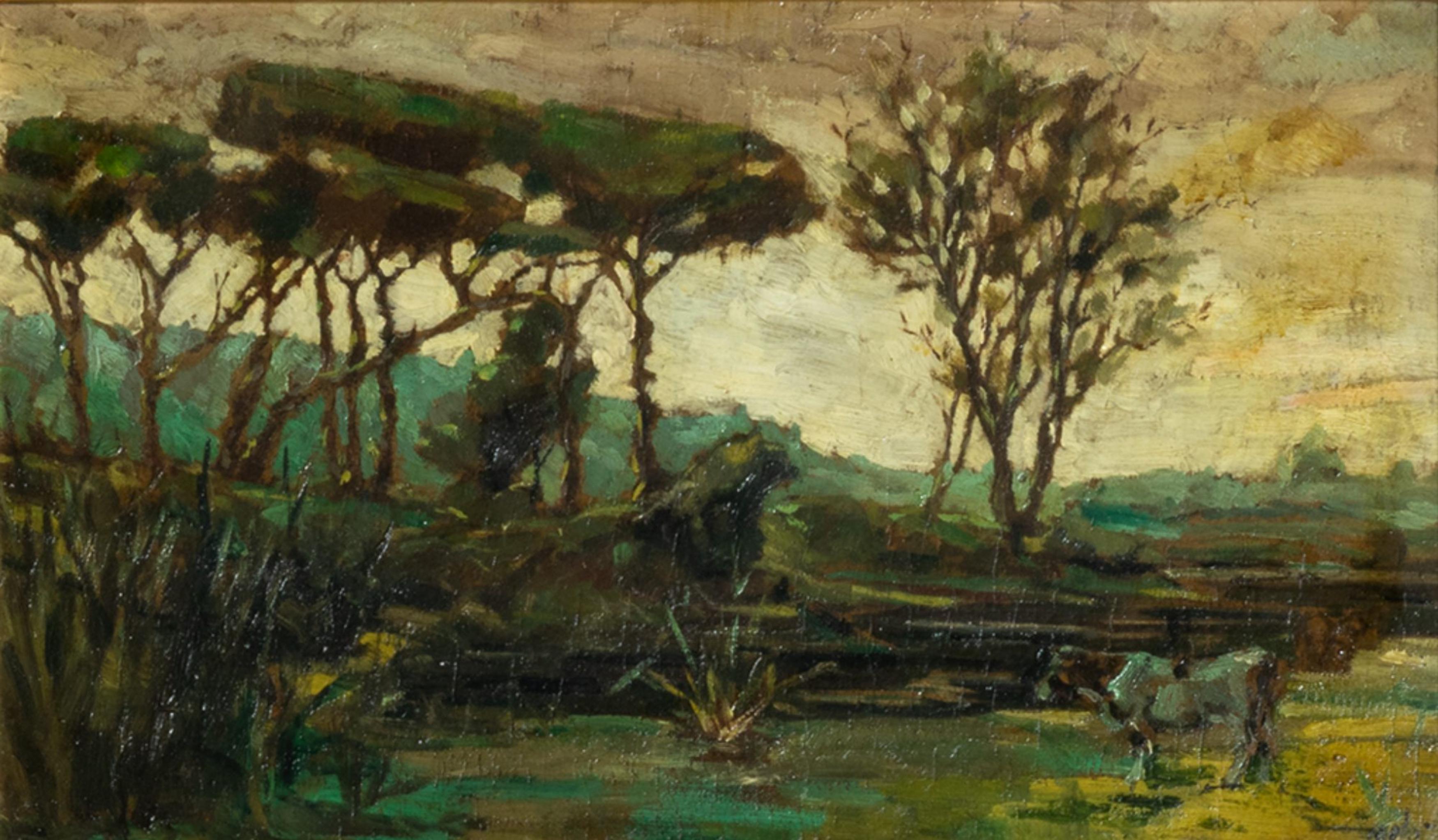 A bucolic 20th century oil on wood painting of a cow by the river marked 