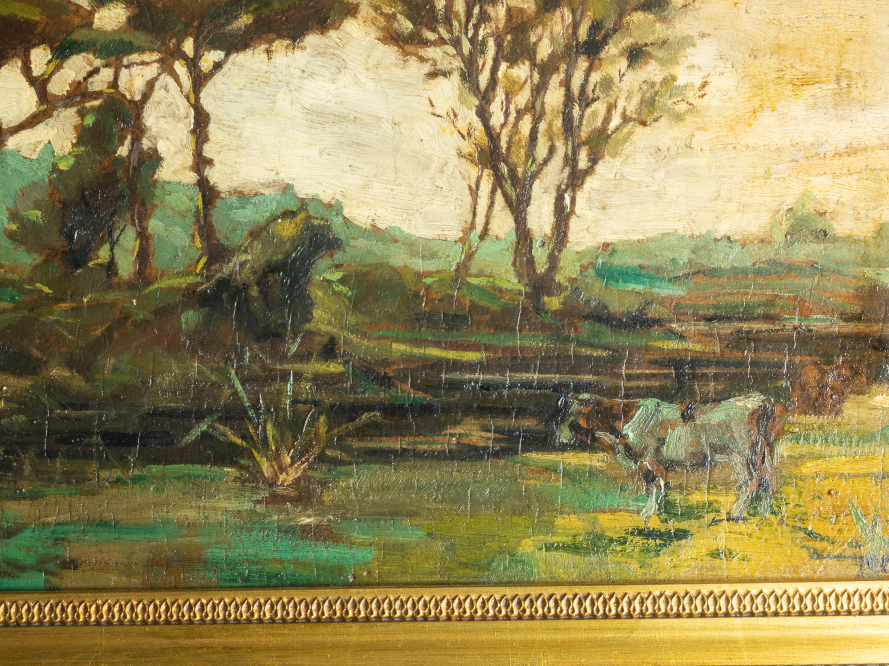 Oiled Mello Junior's Landscape Cow Near River Painting, 20th Century  For Sale