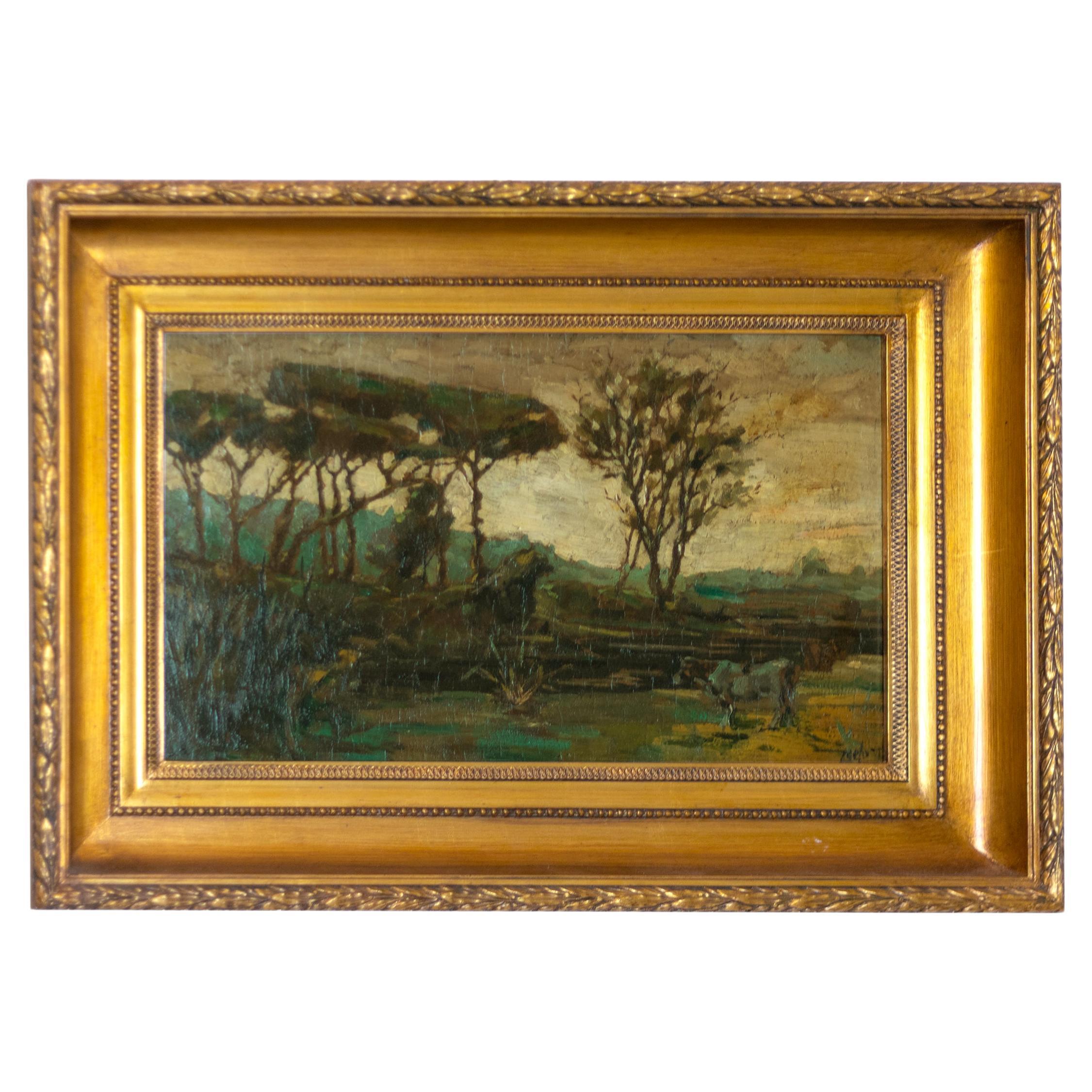 Mello Junior's Landscape Cow Near River Painting, 20th Century  For Sale