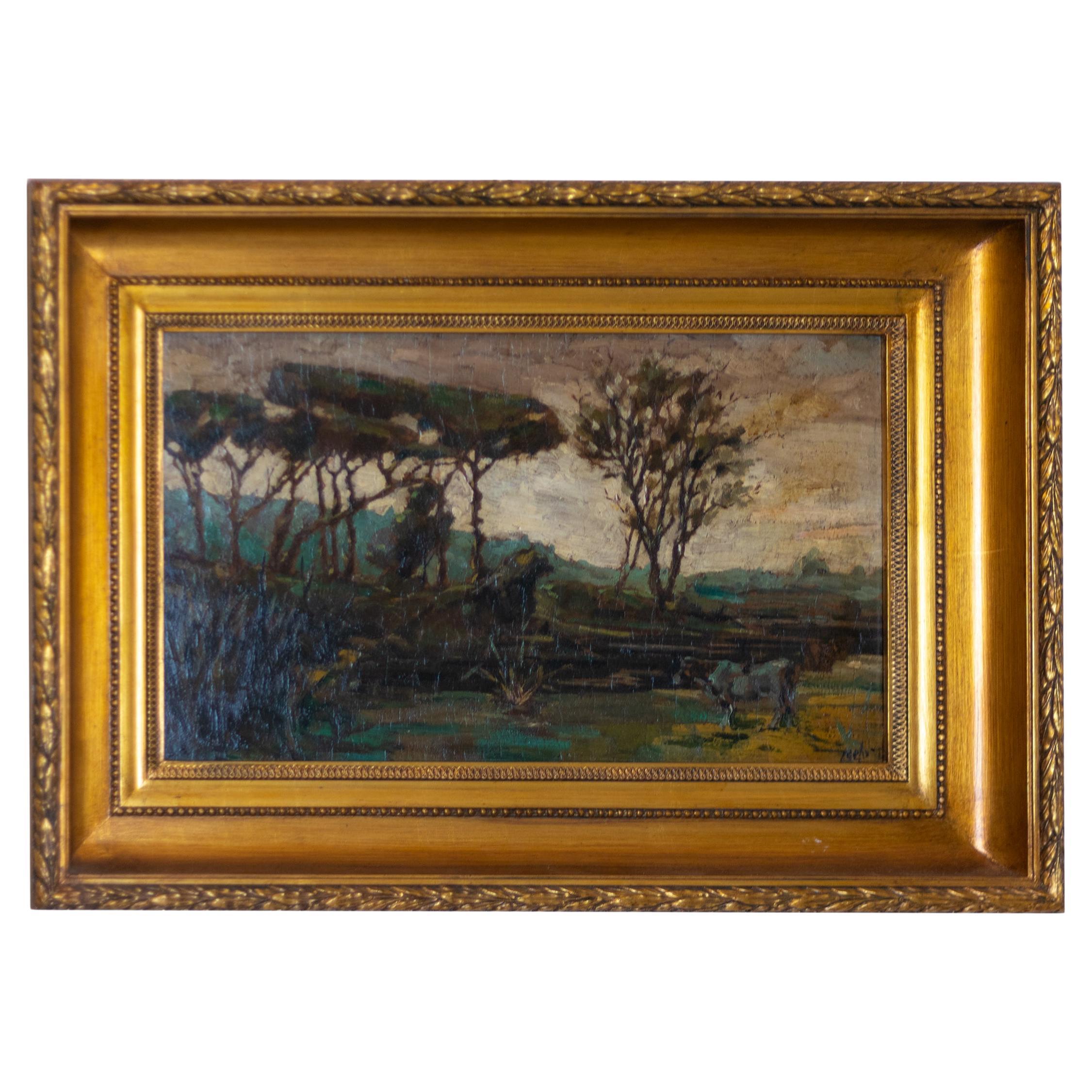 Pintura "Vaca paisajista cerca del río" de Mello Junior, siglo XX