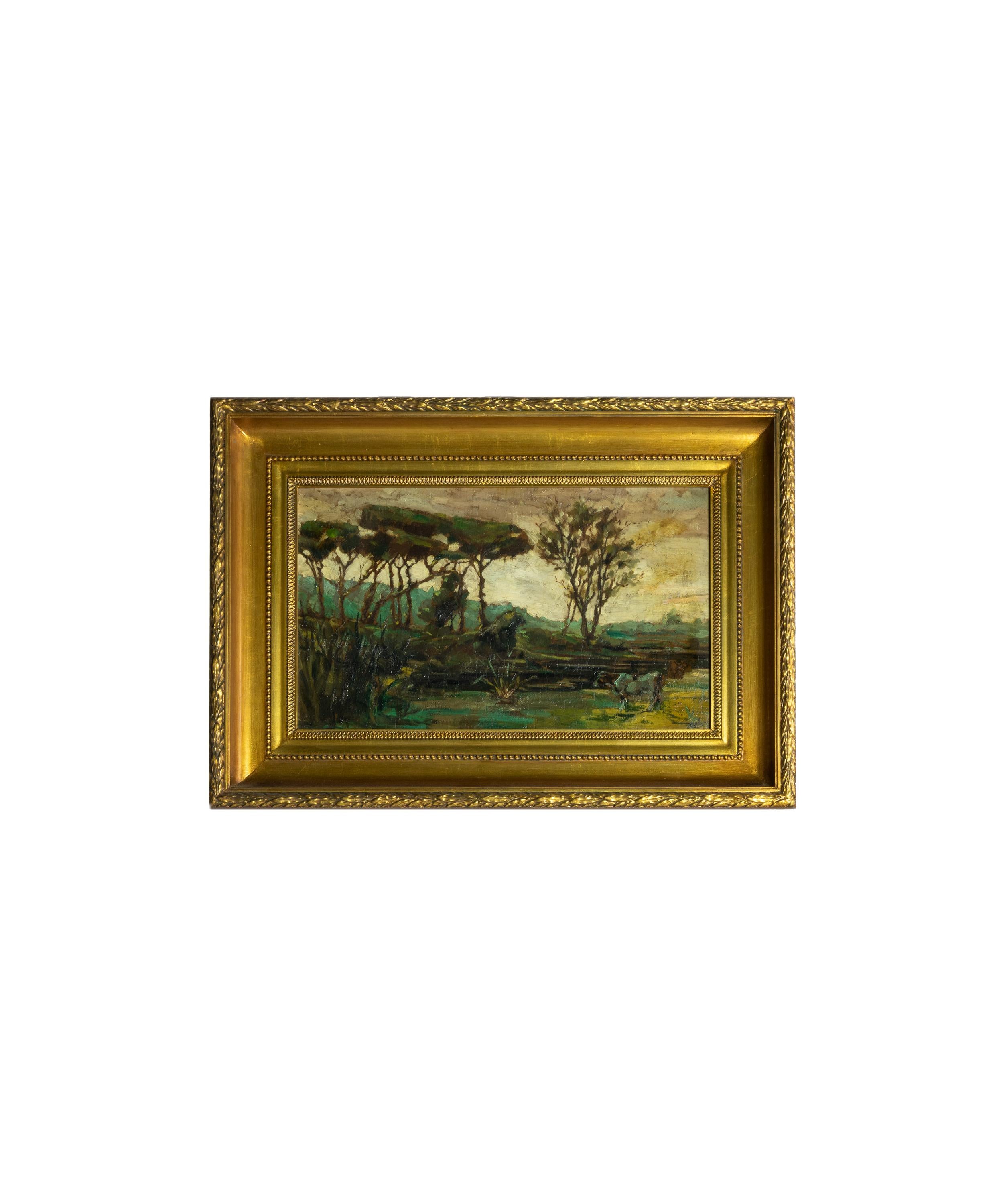 Ein bukolisches Ölgemälde aus dem 20. Jahrhundert mit einer Kuh am Fluss und der Aufschrift 