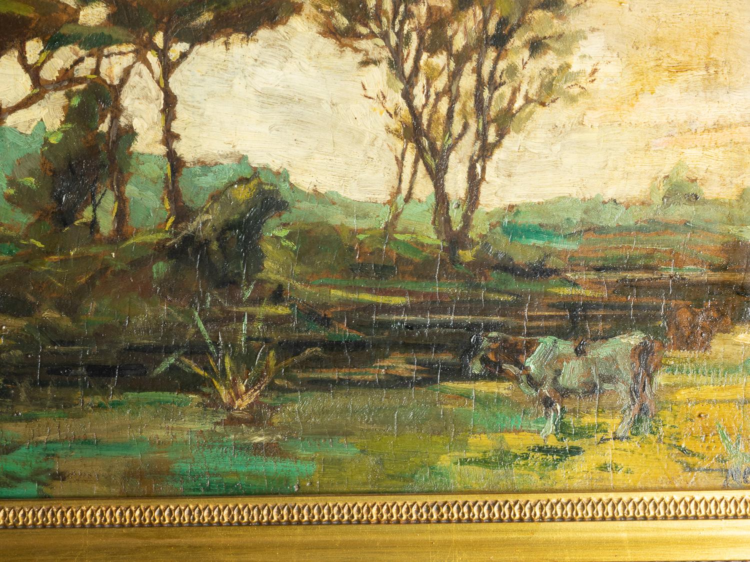 Mello Juniors Gemälde Landschaft Kuh am Fluss, Portugal, 20. im Zustand „Gut“ im Angebot in Lisbon, PT