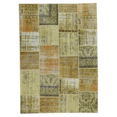 Tapis patchwork de laine aux tons Mellon et jaunes 5'7''x7'10'' vers 1960