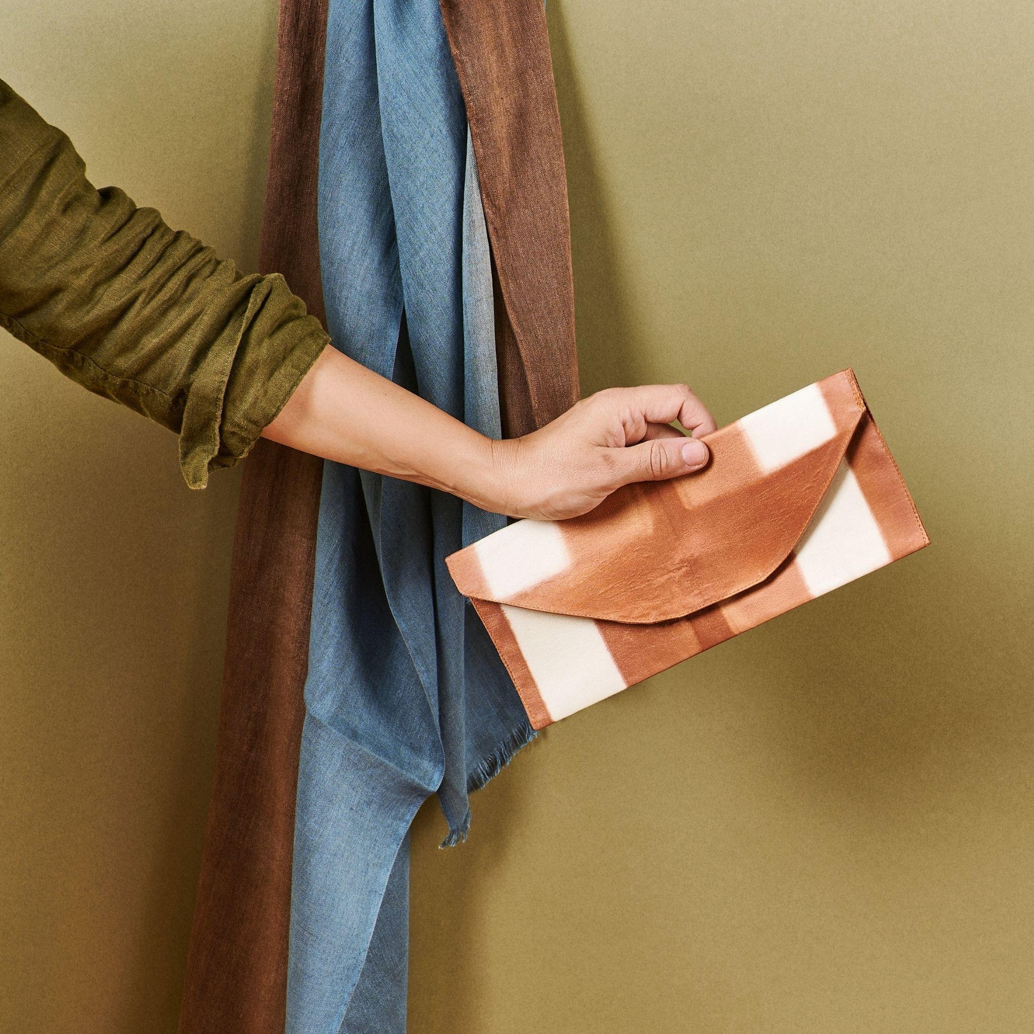 Melo Gold Mulberry Silk Shibori Hand Printed  Artisanal Envelope Pouch For Sale 5