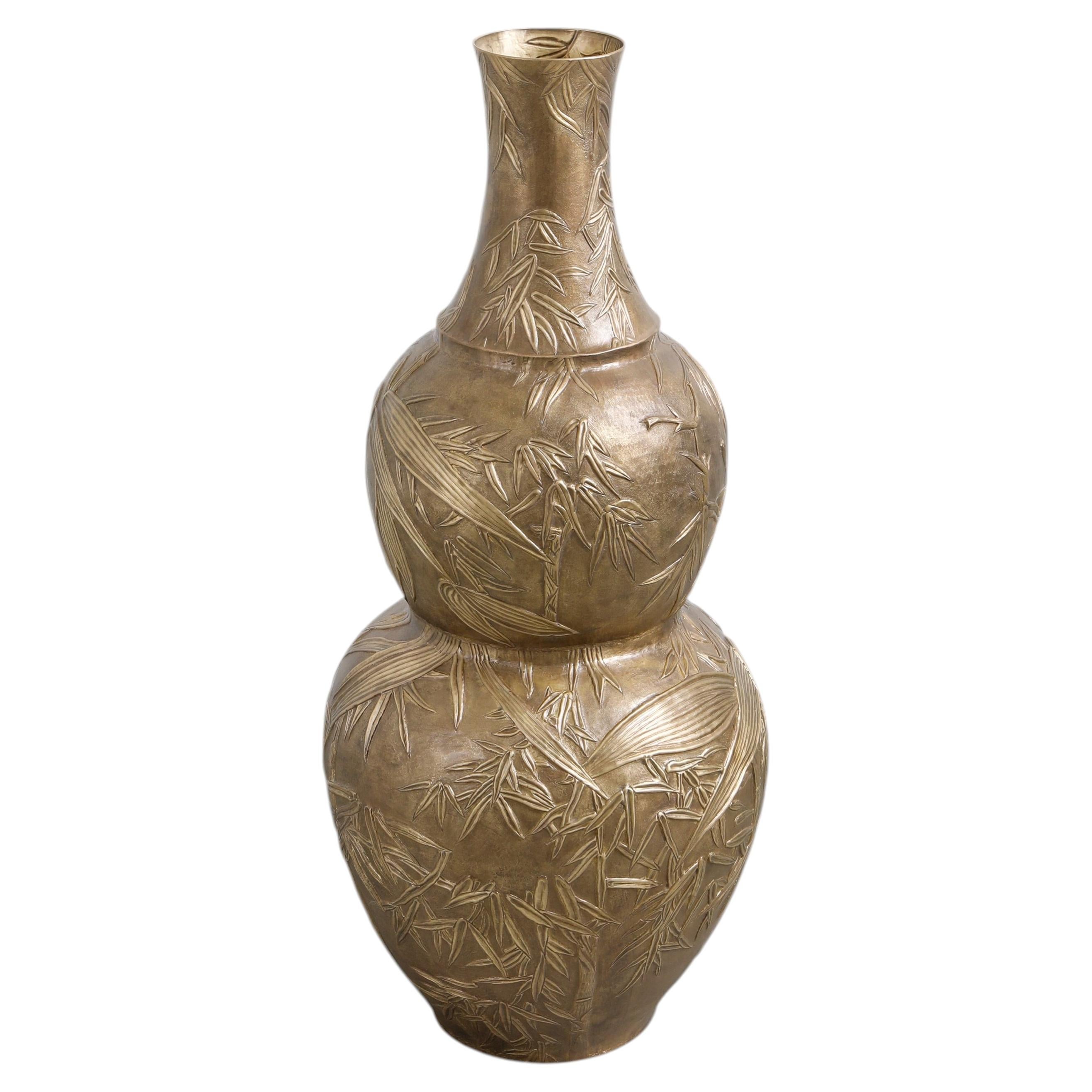 Repoussé Patinated Brass Vase, Melocanna Bamboo Large, Vikram Goyal For Sale