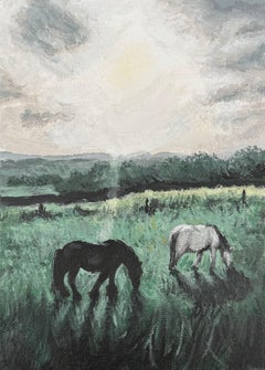 Cavalli in bianco e nero nella campagna inglese, opera di un giovane artista britannico del XXI secolo