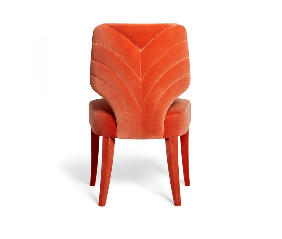 Melody Chair by Munna
Dimensions: D 60 x W 54 x H 92 cm. SH: 51 cm.
Materials: Wood, foam, and upholstery.
Finish: Cotton Velvet, ref. Peach, CV20.

Available in all Munna fabrics except Wild Silk. Available in client’s own
material. Available
