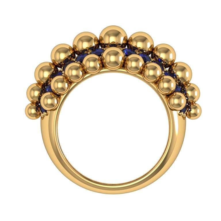 Round Cut Melody Deldjou Fard 18 Karat Yellow Gold and Sapphire Bubble Cocktail Ring For Sale