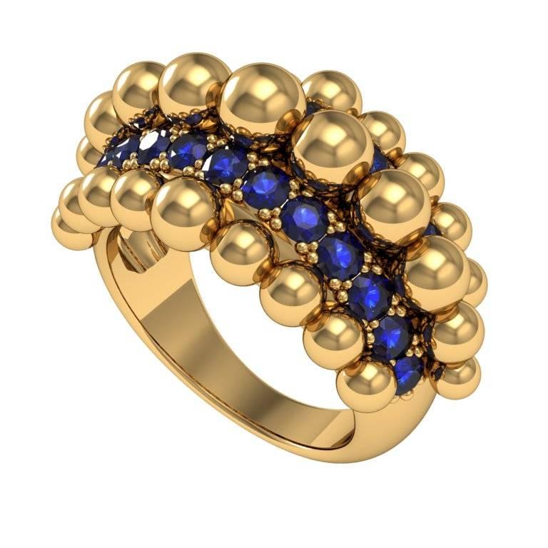 Melody Deldjou Fard 18 Karat Yellow Gold and Sapphire Bubble Cocktail Ring For Sale