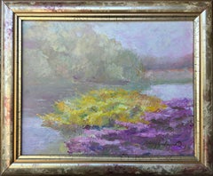 "Serene River Landscape" Small Impressionist Oil Painting Pink Yellow Green Gray