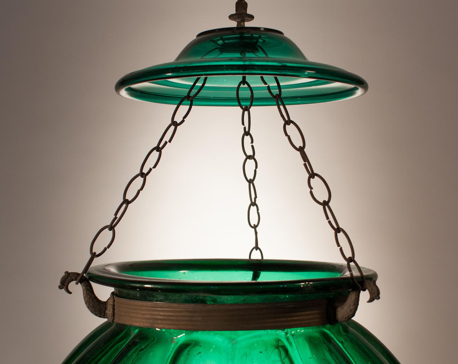 Victorian Melon Bell Jar Lantern with Emerald Green Glass For Sale