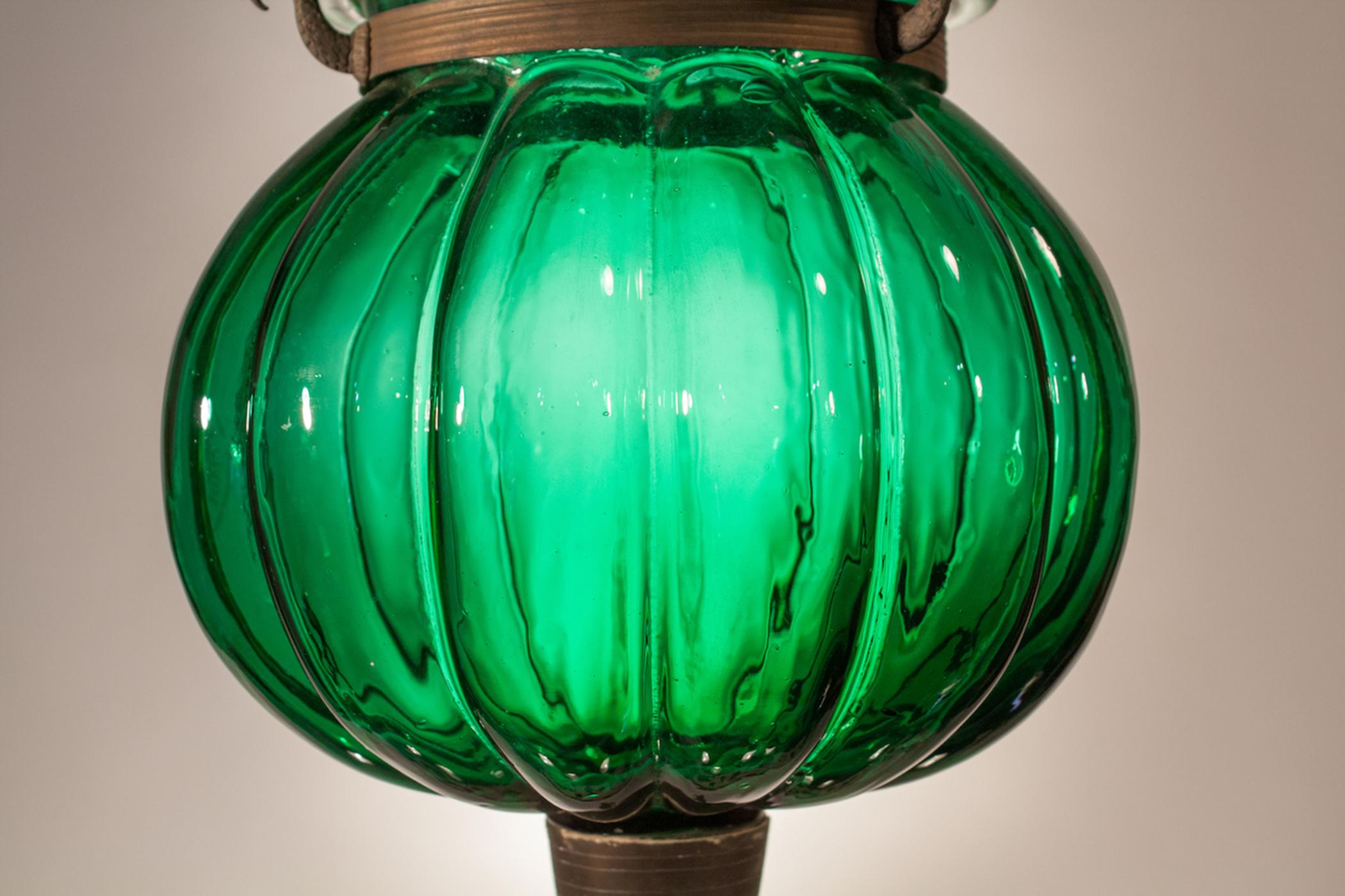 English Melon Bell Jar Lantern with Emerald Green Glass For Sale