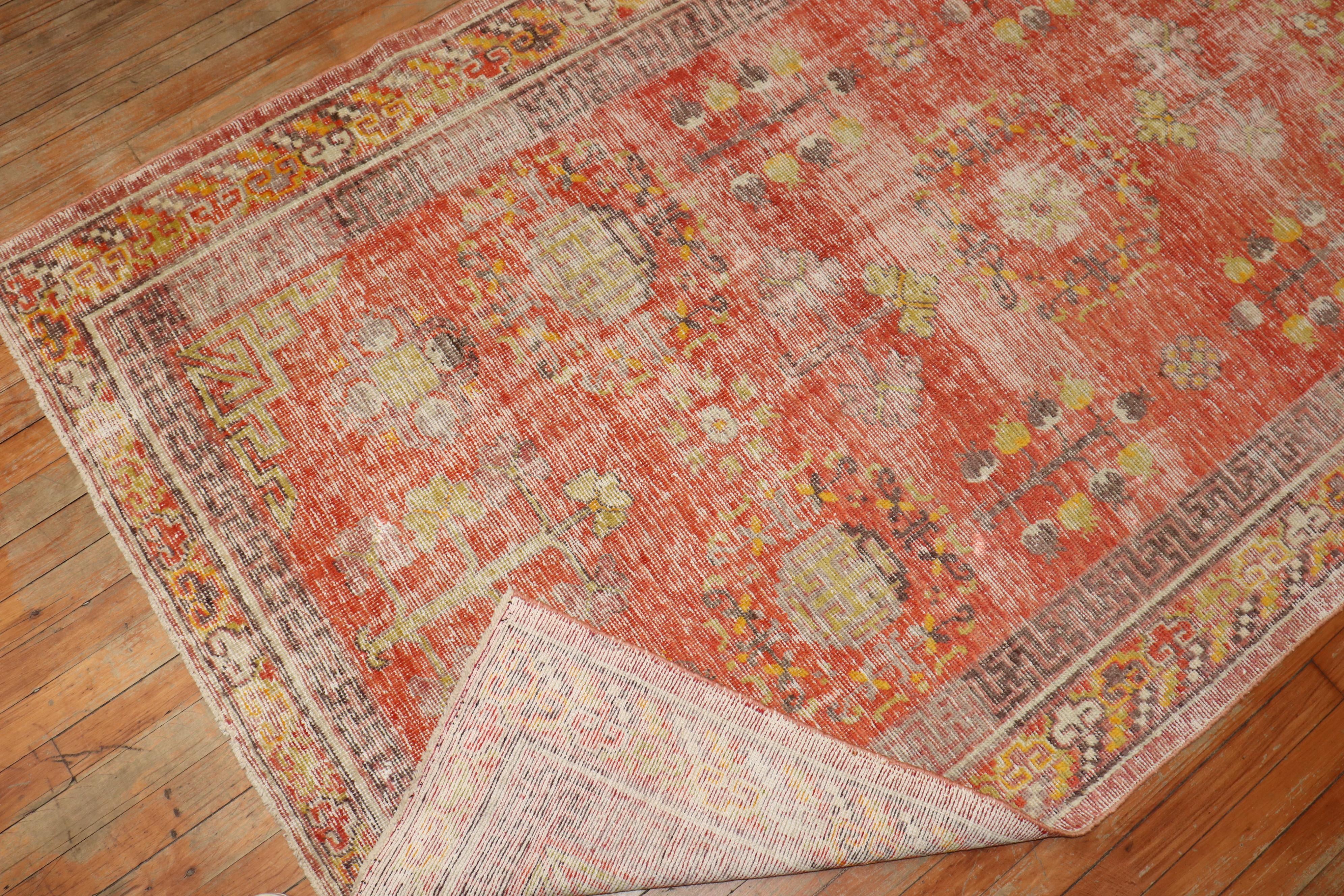 Melon Color Antique Khotan Rug In Fair Condition For Sale In New York, NY