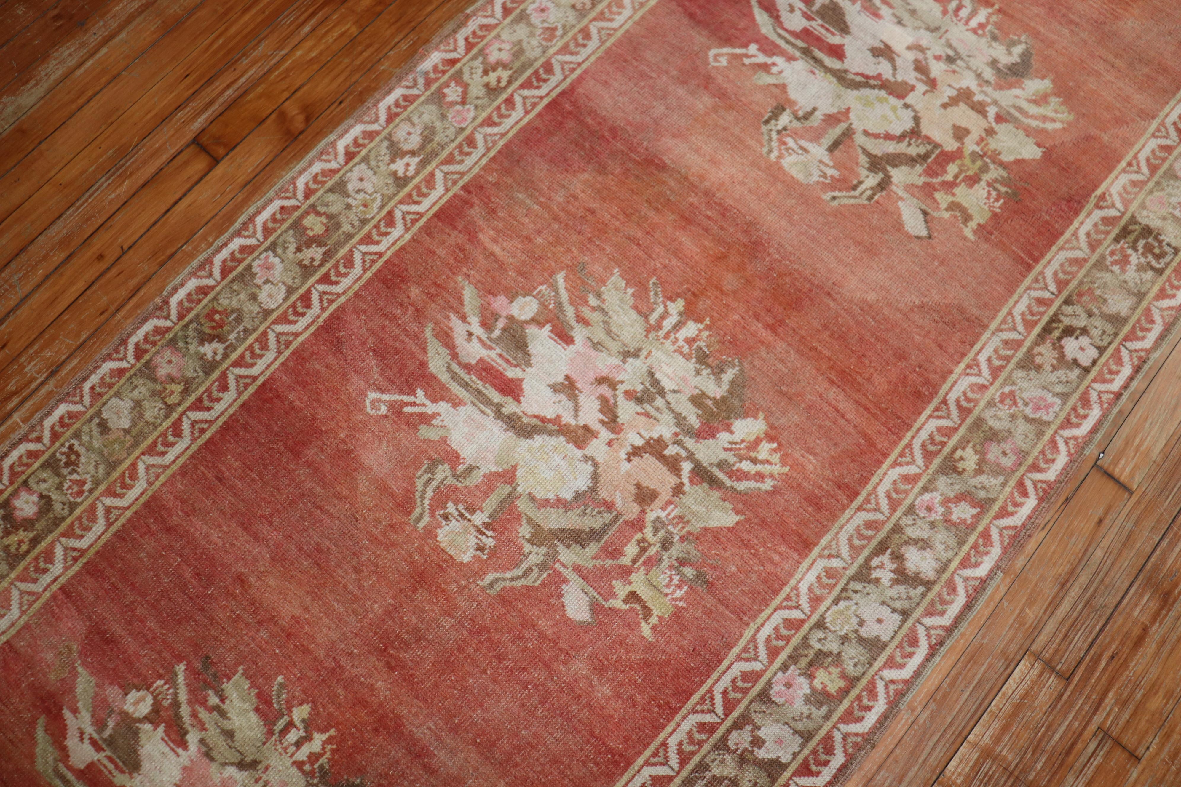 Romantic Melon Red Floral Turkish Ghiordes Runner For Sale