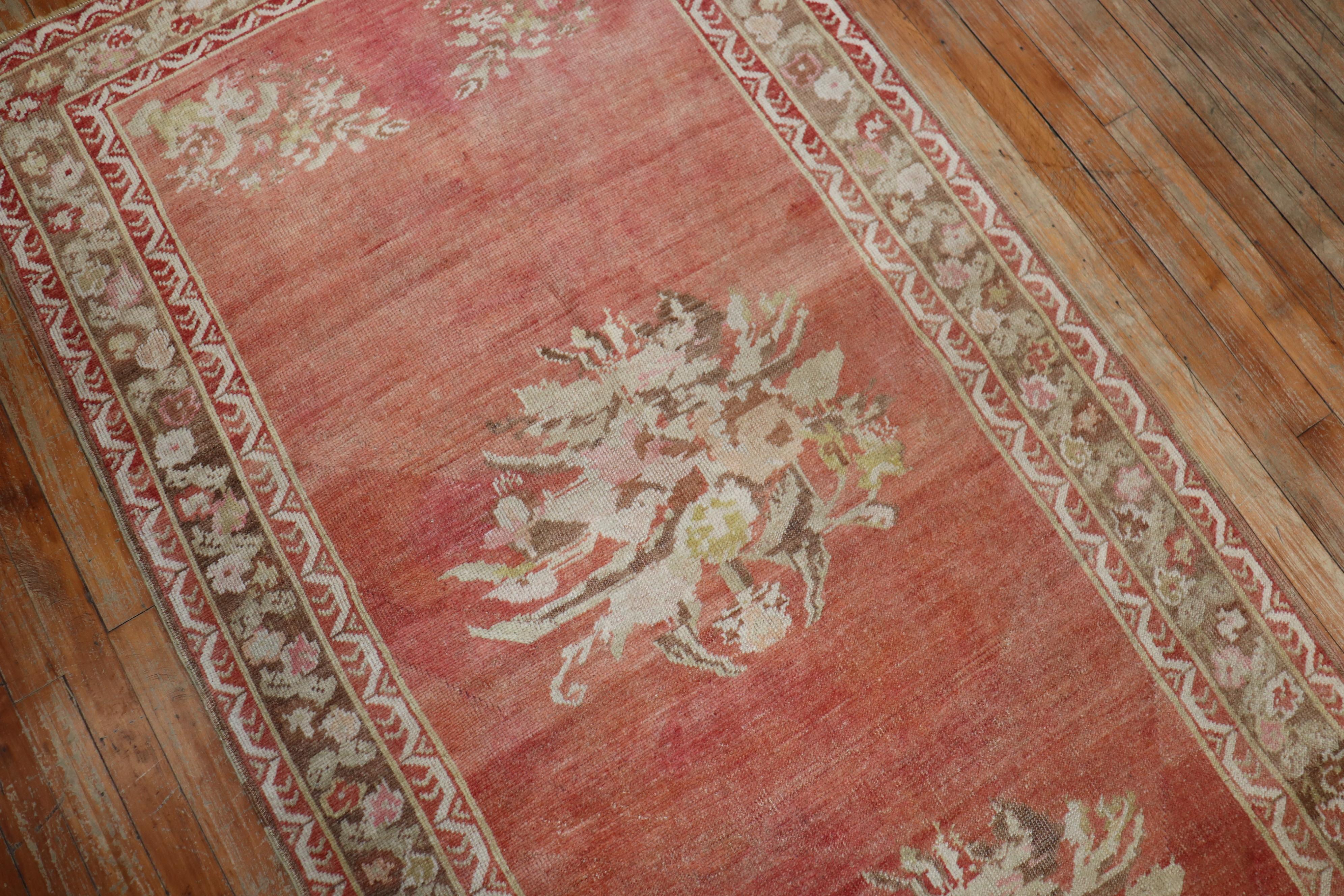 Hand-Knotted Melon Red Floral Turkish Ghiordes Runner For Sale