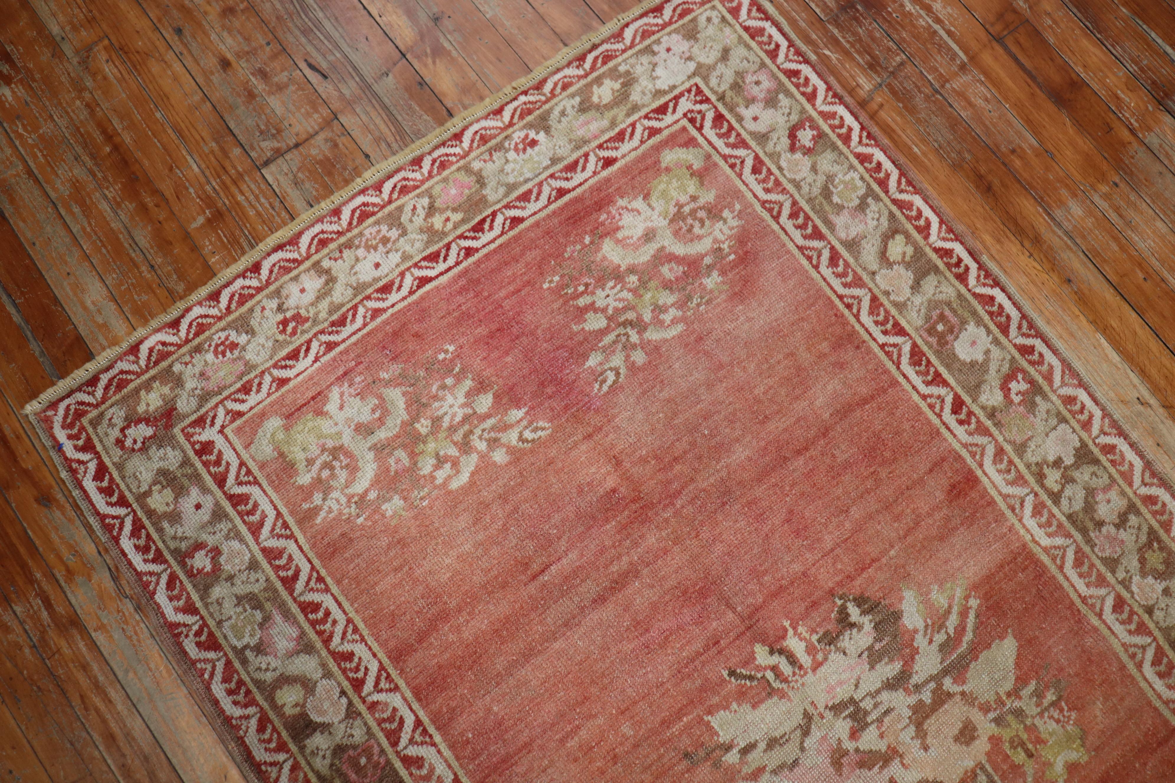 Melon Red Floral Turkish Ghiordes Runner In Good Condition For Sale In New York, NY