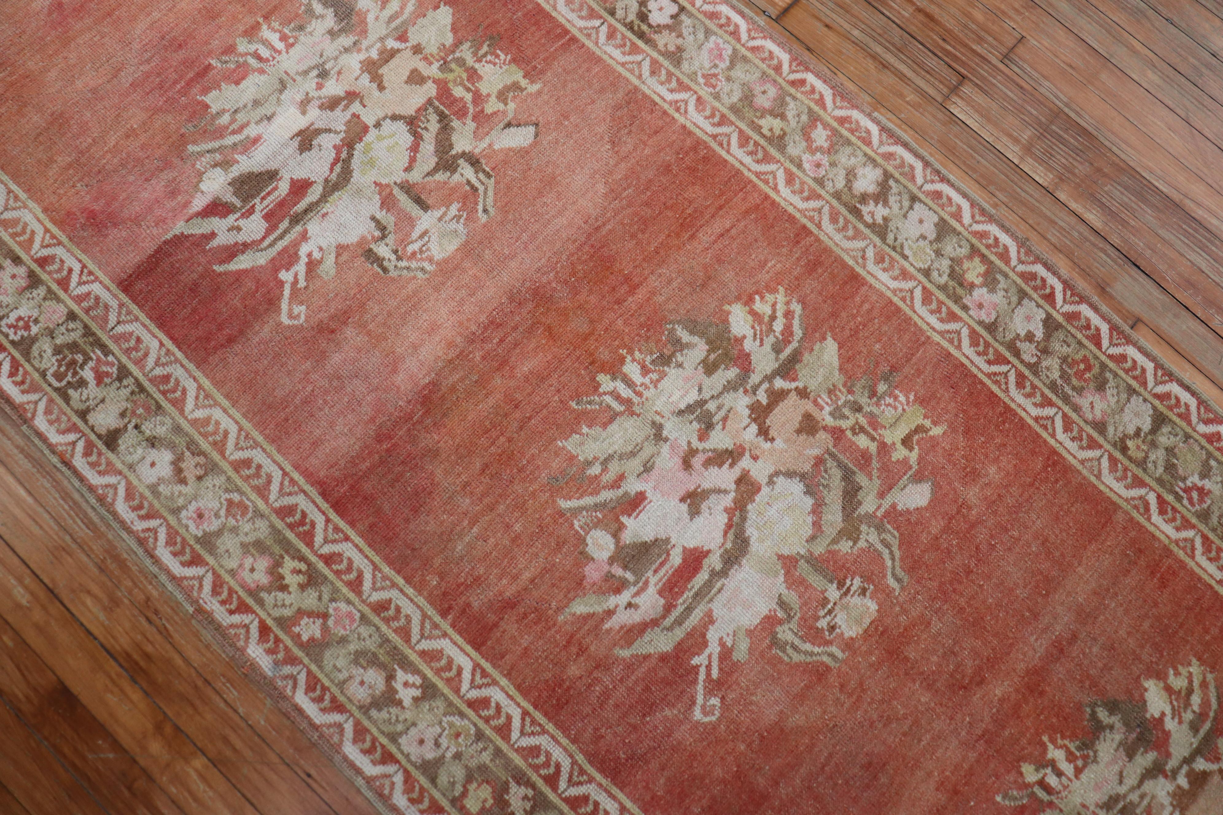 Wool Melon Red Floral Turkish Ghiordes Runner For Sale