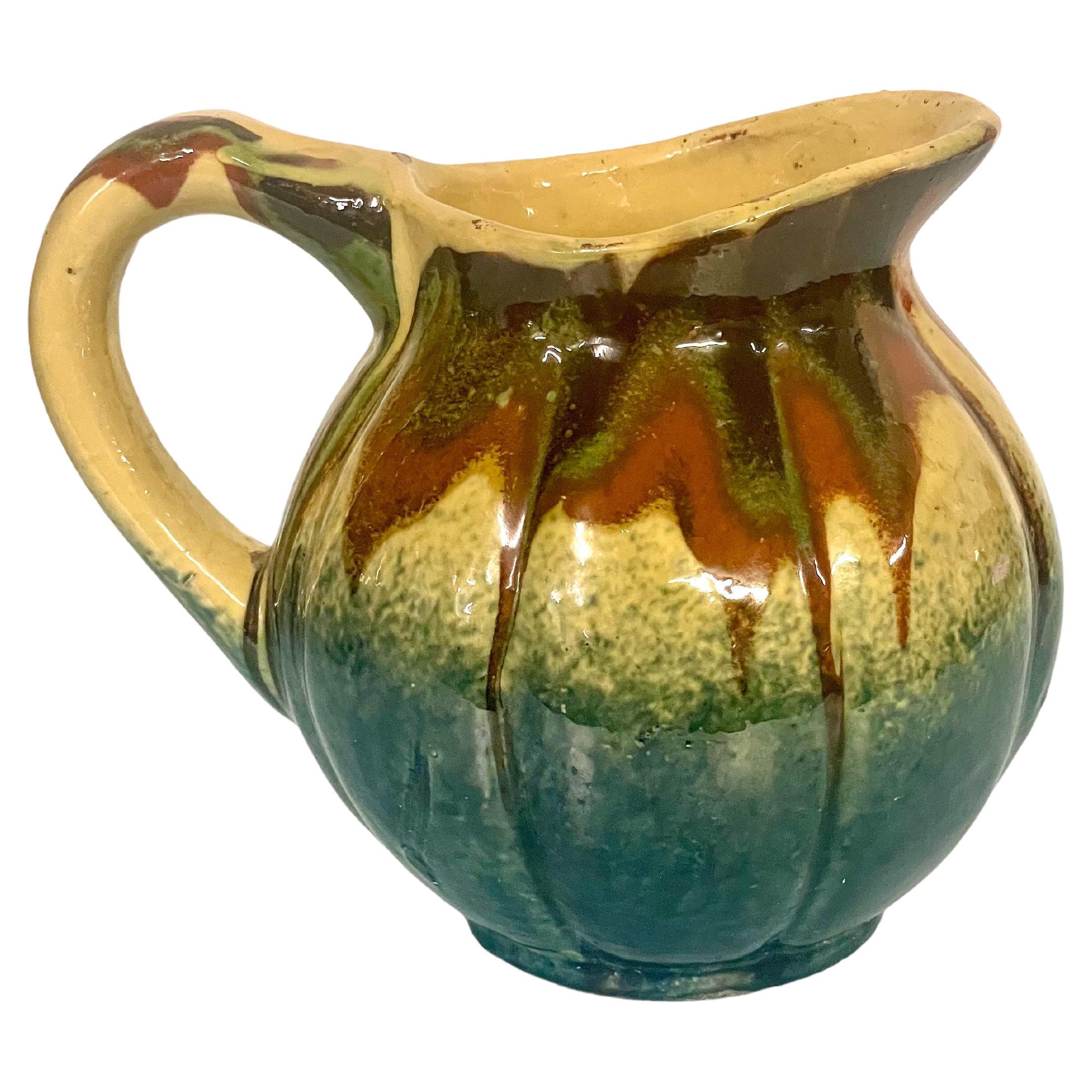 French Antique Glazed Jug in a Melon Shape. Provence 19th Century For Sale
