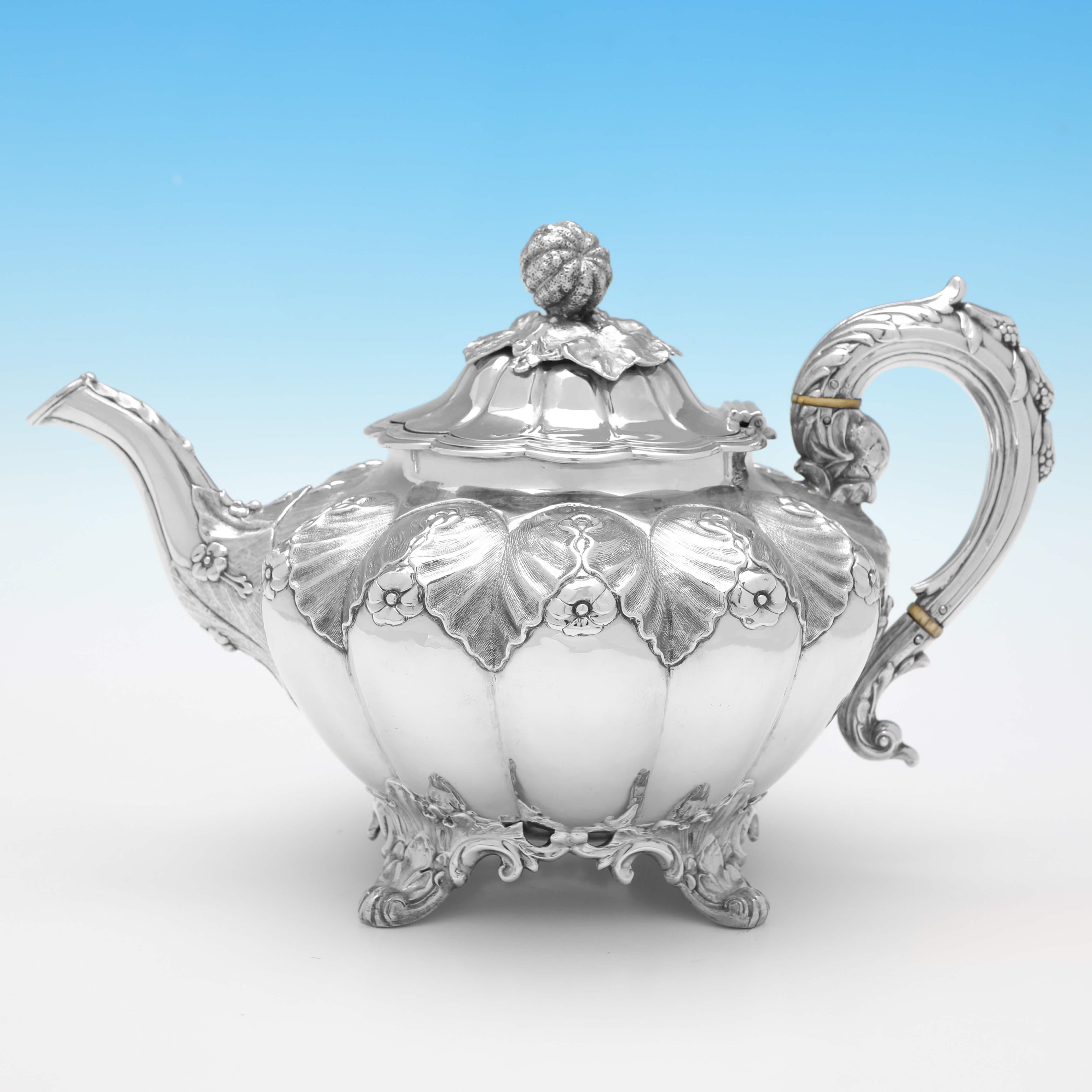 Mid-19th Century Melon Shaped Victorian Antique Sterling Silver Tea & Coffee Set - London 1851 For Sale