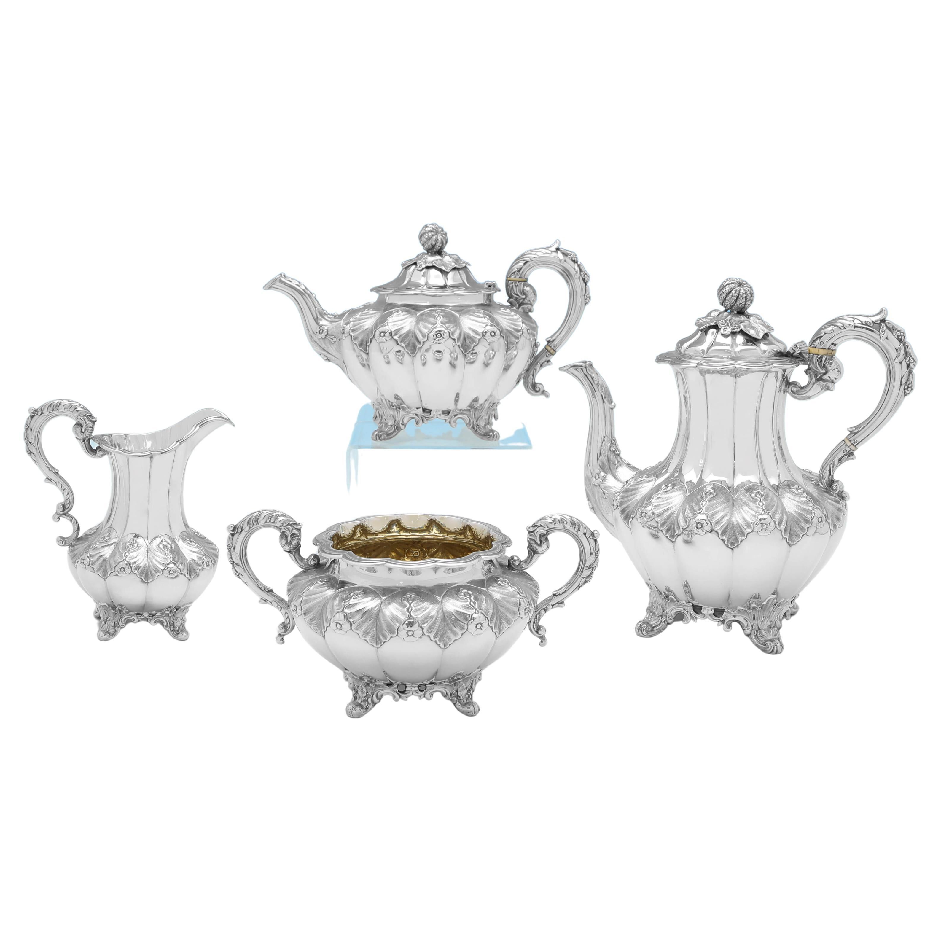 Melon Shaped Victorian Antique Sterling Silver Tea & Coffee Set - London 1851 For Sale