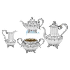 Melon Shaped Victorian Antique Sterling Silver Tea & Coffee Set - London 1851