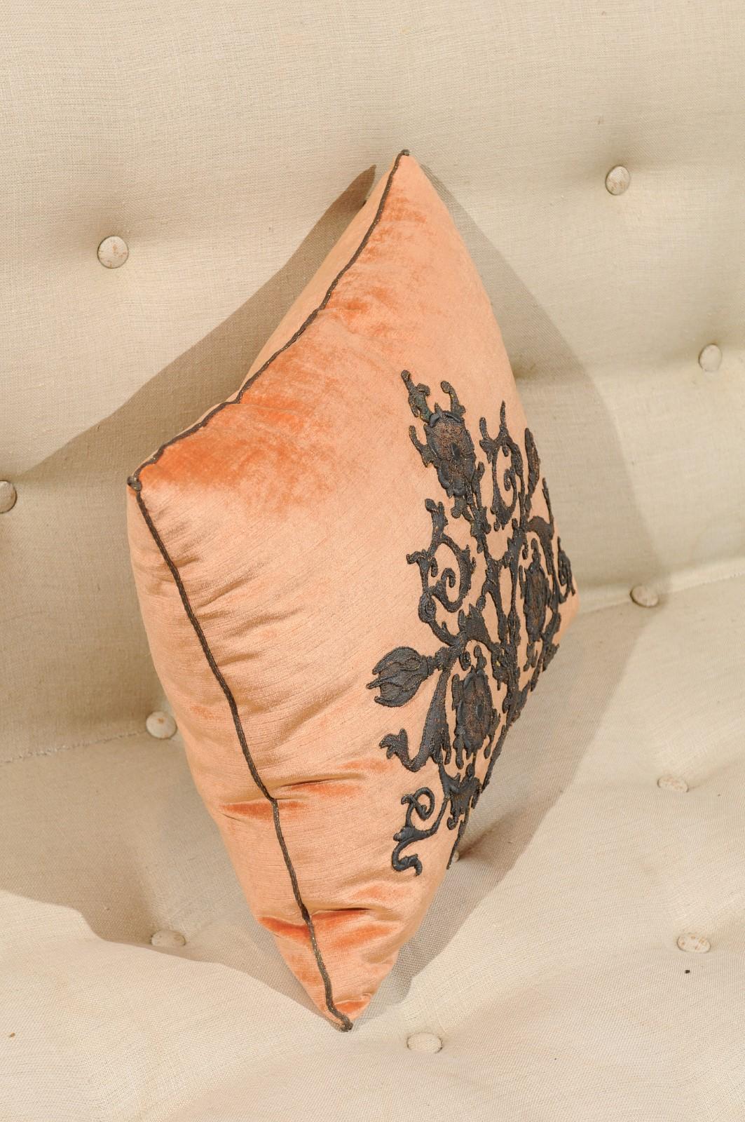 American Melon Velvet Pillow with Tarnished Silver Metallic Scrollwork Applied Embroidery