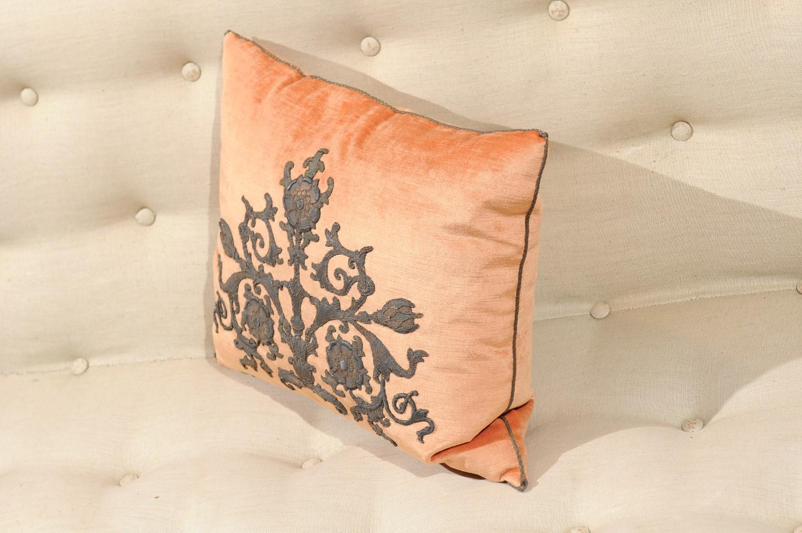 Contemporary Melon Velvet Pillow with Tarnished Silver Metallic Scrollwork Applied Embroidery