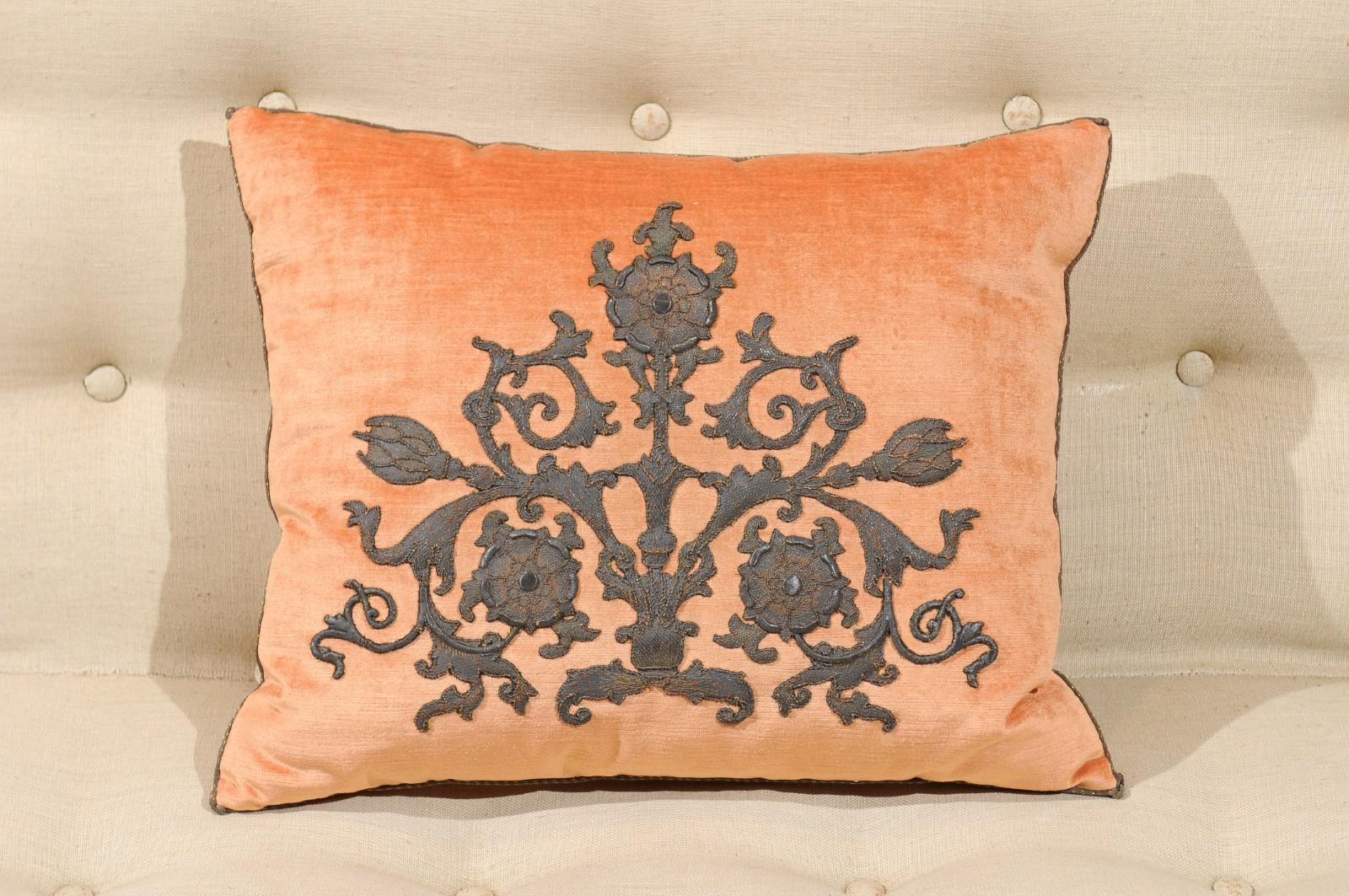 Melon Velvet Pillow with Tarnished Silver Metallic Scrollwork Applied Embroidery 2