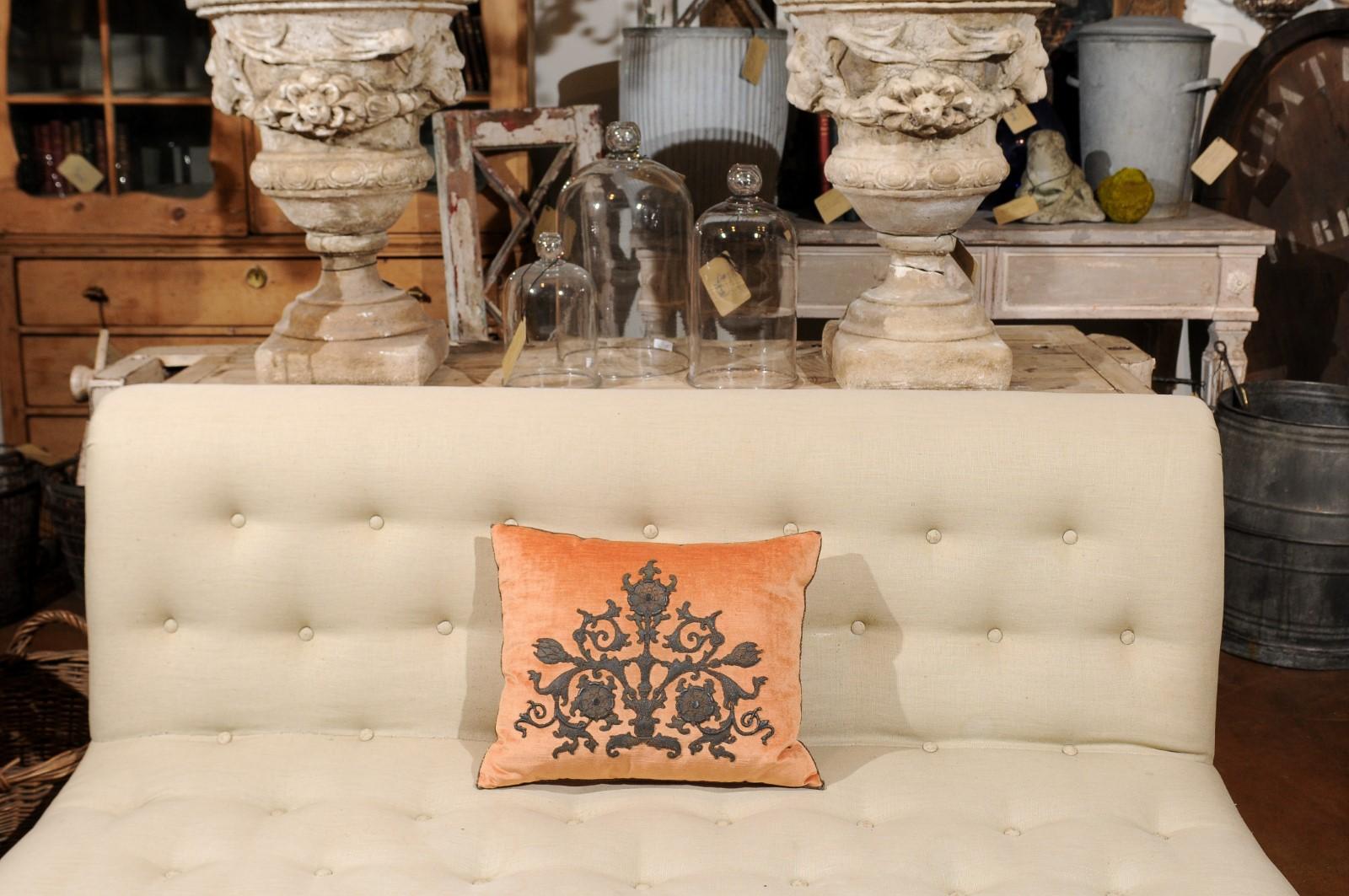 Melon Velvet Pillow with Tarnished Silver Metallic Scrollwork Applied Embroidery 3