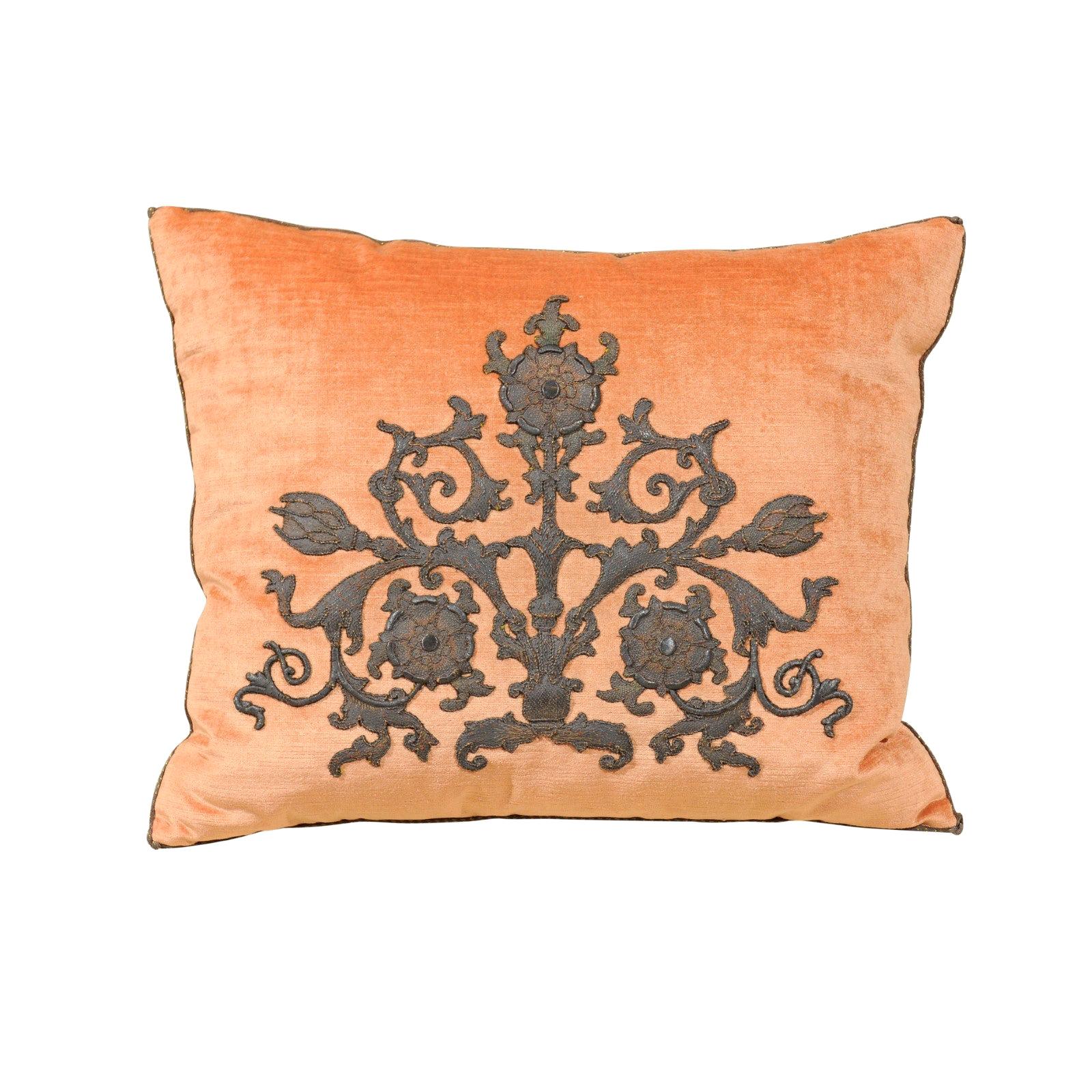 Melon Velvet Pillow with Tarnished Silver Metallic Scrollwork Applied Embroidery