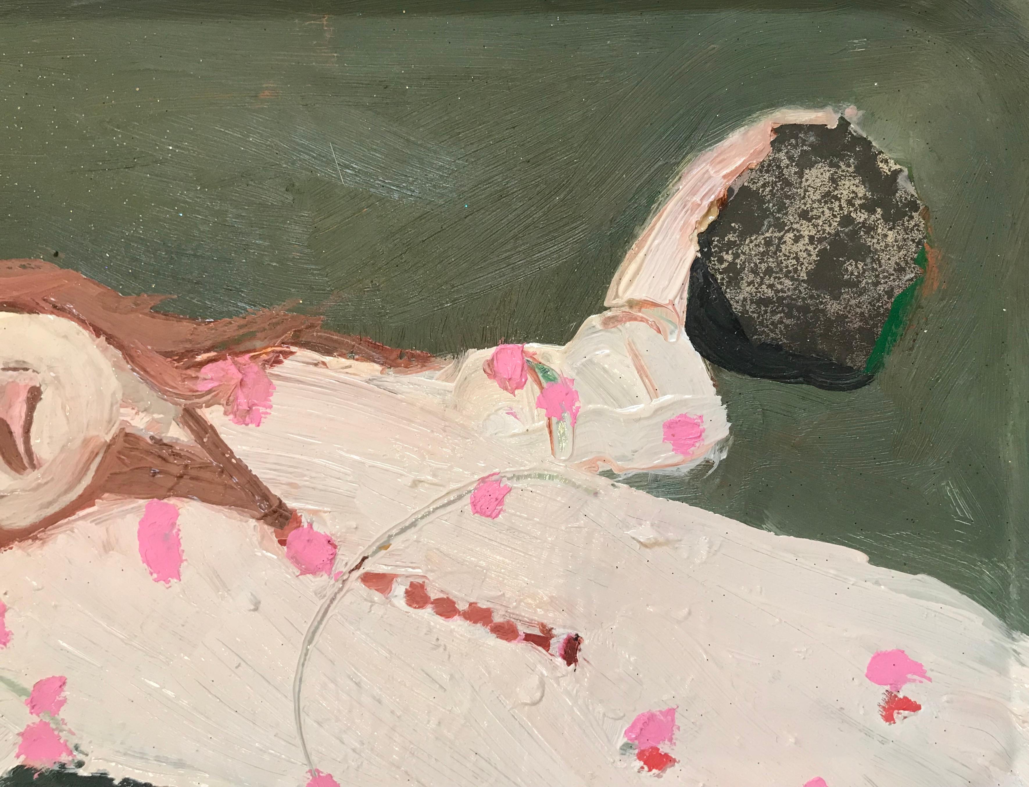 Part of Melora Griffis’ series of small scale oil paintings on found metal trays, “her camera” shows the recumbent figure of a woman in a white dress with pink polka dots, her hand on an object which the artist has defined using negative space,