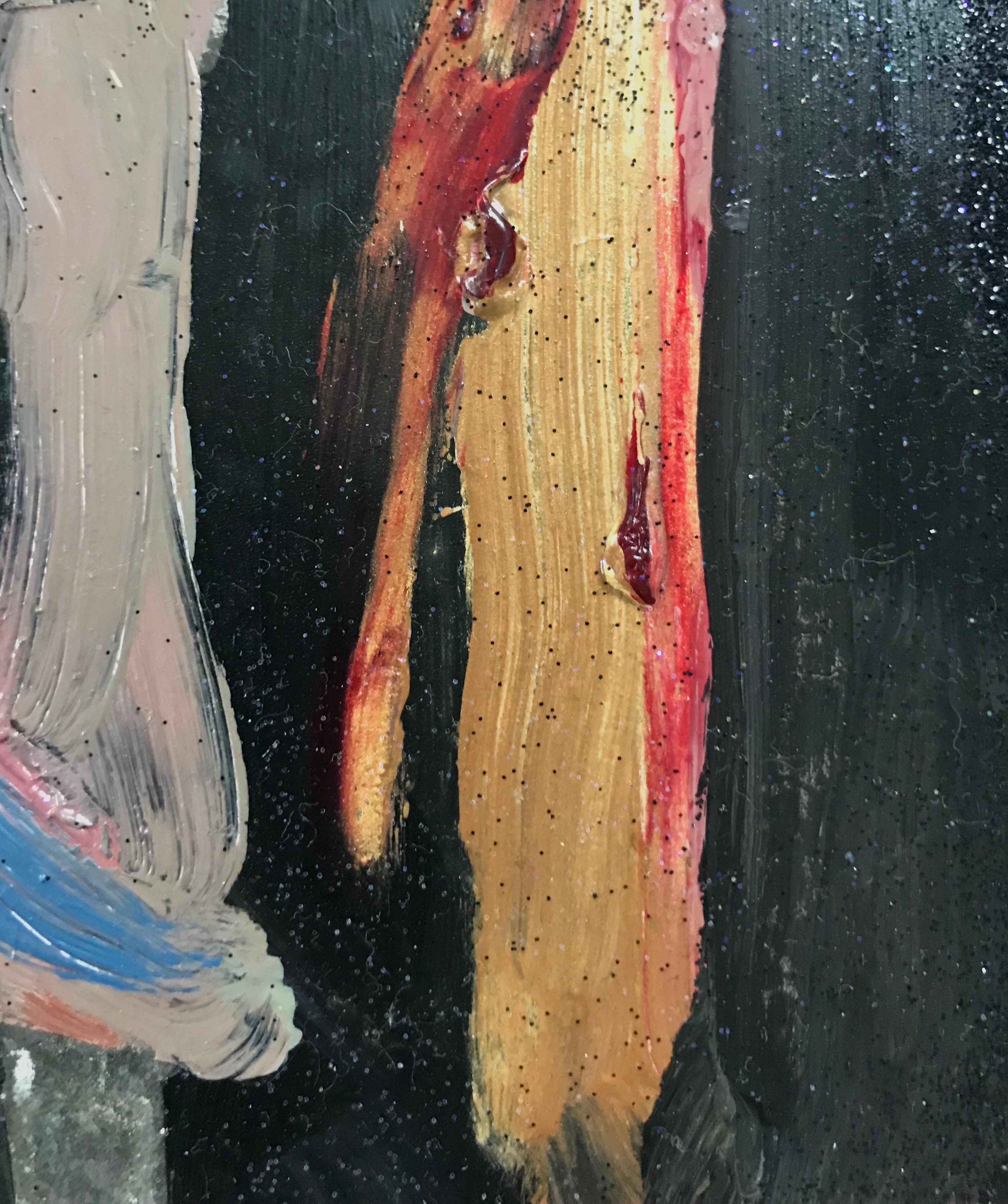Melora Griffis’ “her pole” is a small 11 x 11 inch oil painting on metal tray of a pole dancer in a bright pink two-piece garment and black thigh high stockings.  The figure in the foreground is closely cropped to focus on the woman’s torso, while a