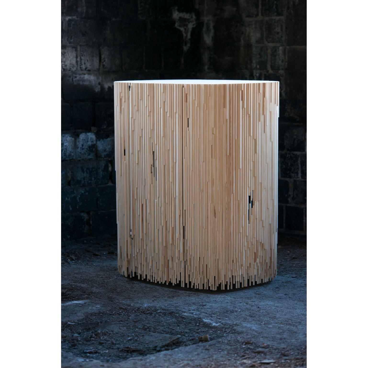 Melt cabinet - small by Antrei Hartikainen
Materials: Stained and lacquered or untreated pine
Dimensions: W 80 x D 60 x H 100 cm

In the melt cabinets industrially treated pine transforms into an unique art composition. The cabinet has been