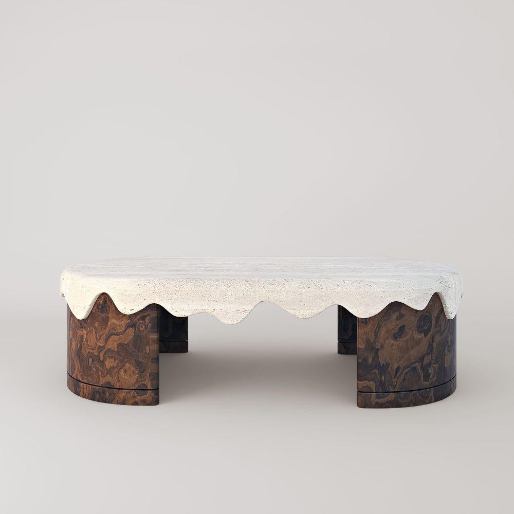 Melt coffee table - California Burl by Marble Balloon.
Dimensions: W150 x D75 x H42 cm
Materials: California burl, light travertine, white sugar.

Also available: Walnut burl, grey vavona.

Melt tables and consoles are registered design