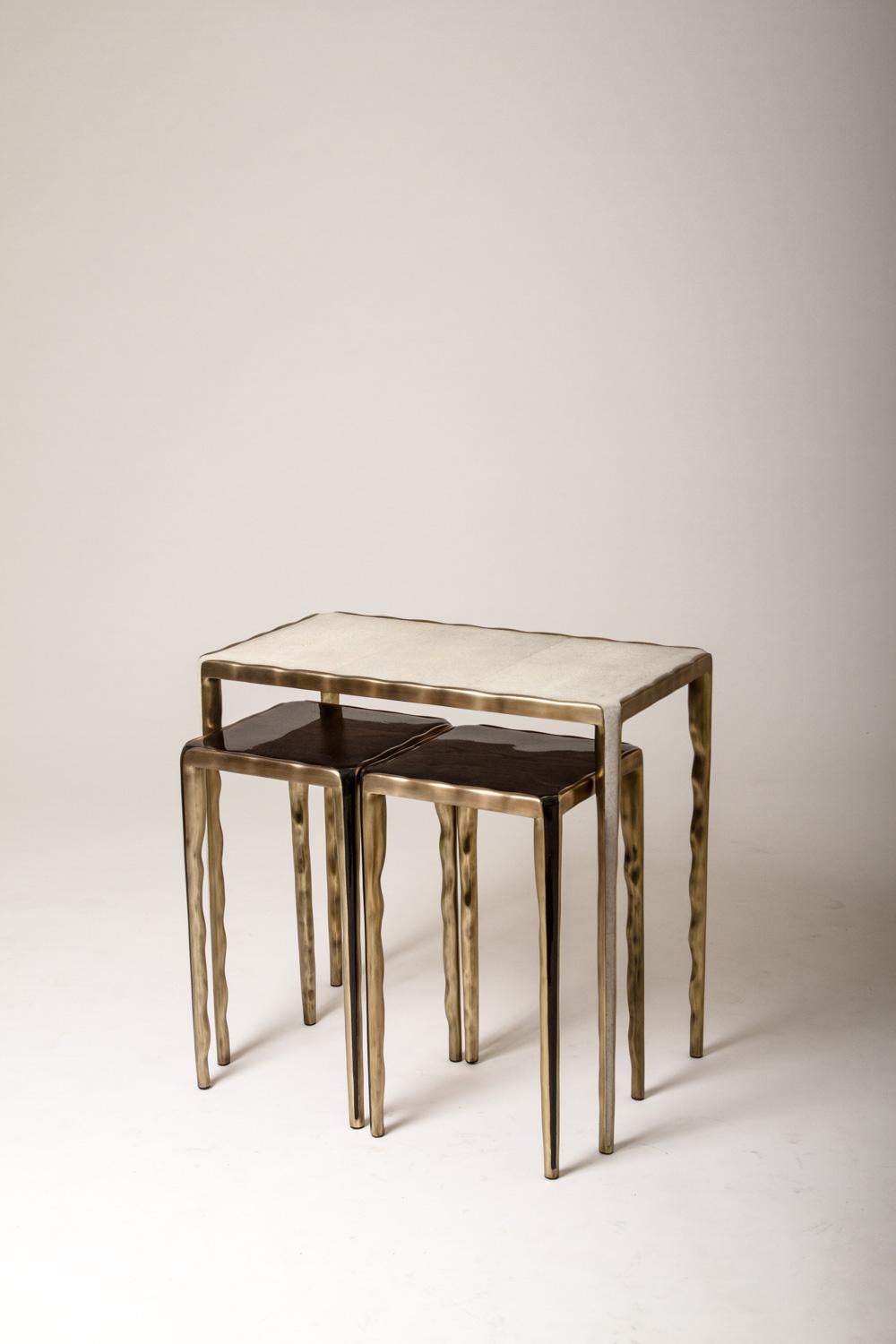 Art Deco Melting Nesting Coffee Tables in Shagreen, Shell and Brass by R&Y Augousti For Sale