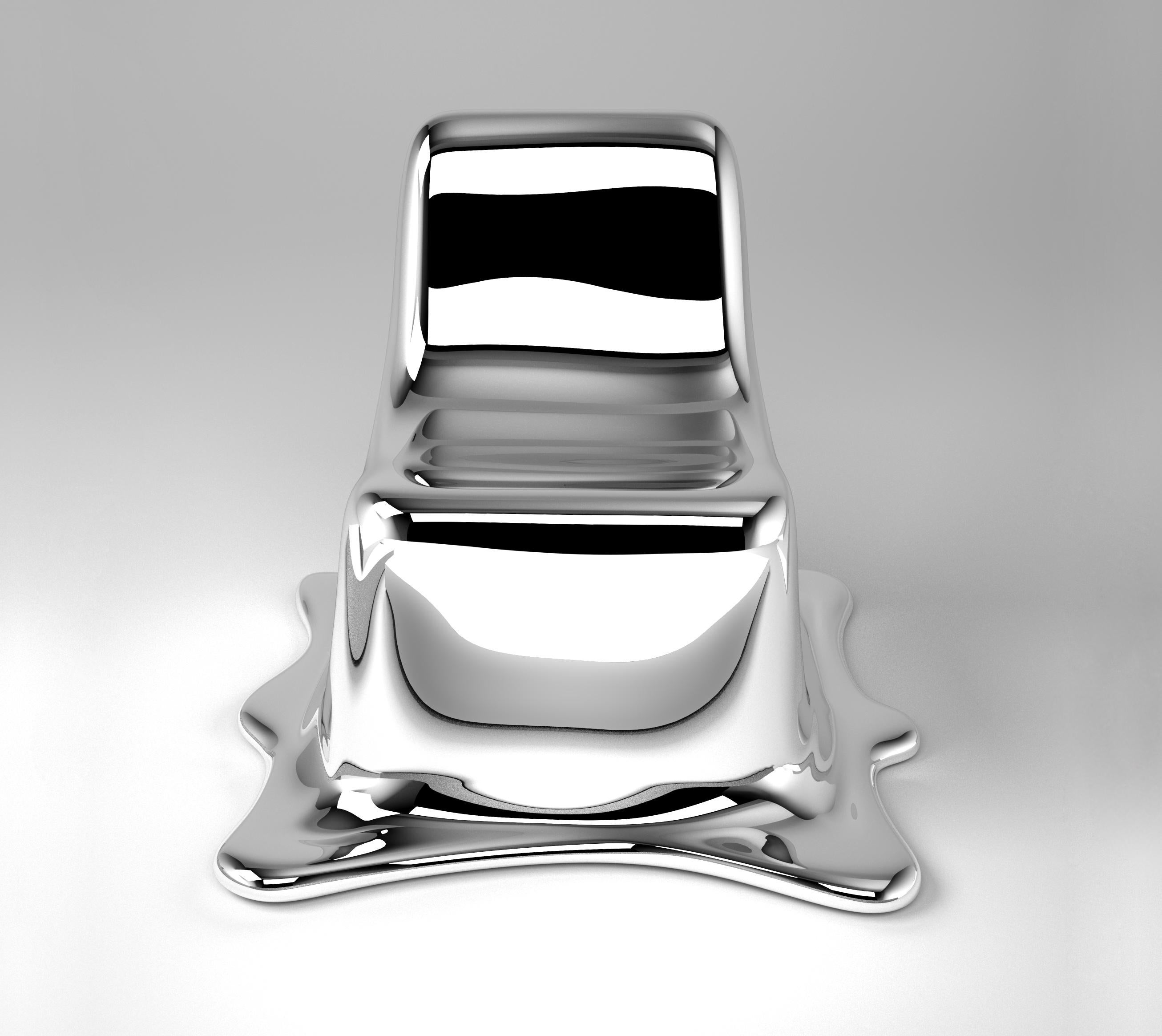 Schmelzender stuhl by Philipp Aduatz
2011
Auflage von 12 + 3 A/P
Abmessungen: 95 x 93 x 78 cm
MATERIALIEN: Glasfaserverstärktes Polymer mit einer speziellen Silberbeschichtung

Neu seit 2012: schwarz verchromte Sonderedition von 12 + 3 A/P

Philipp