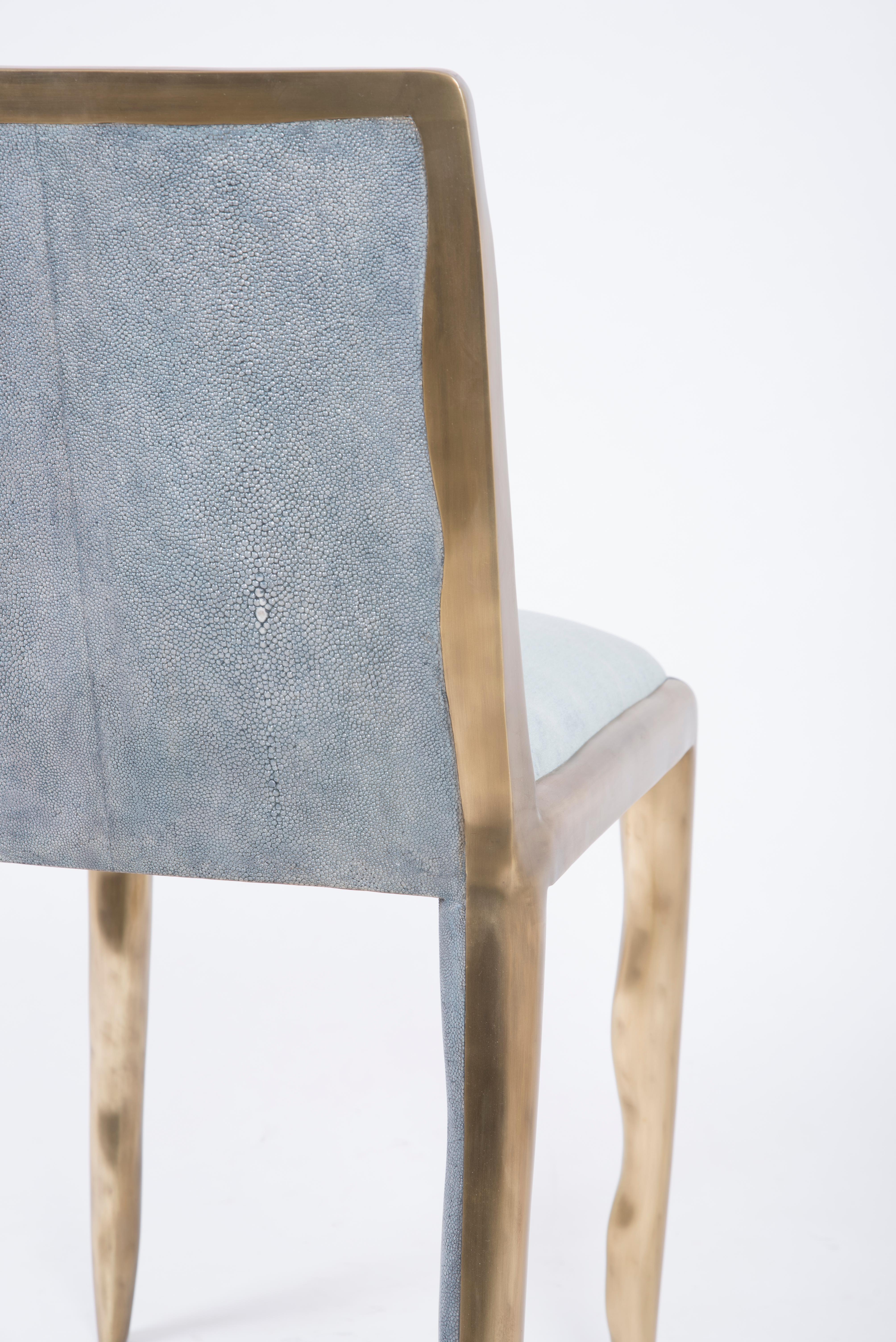 French Melting Chair in Blue Shagreen and Bronze-Patina Brass by R&Y Augousti For Sale